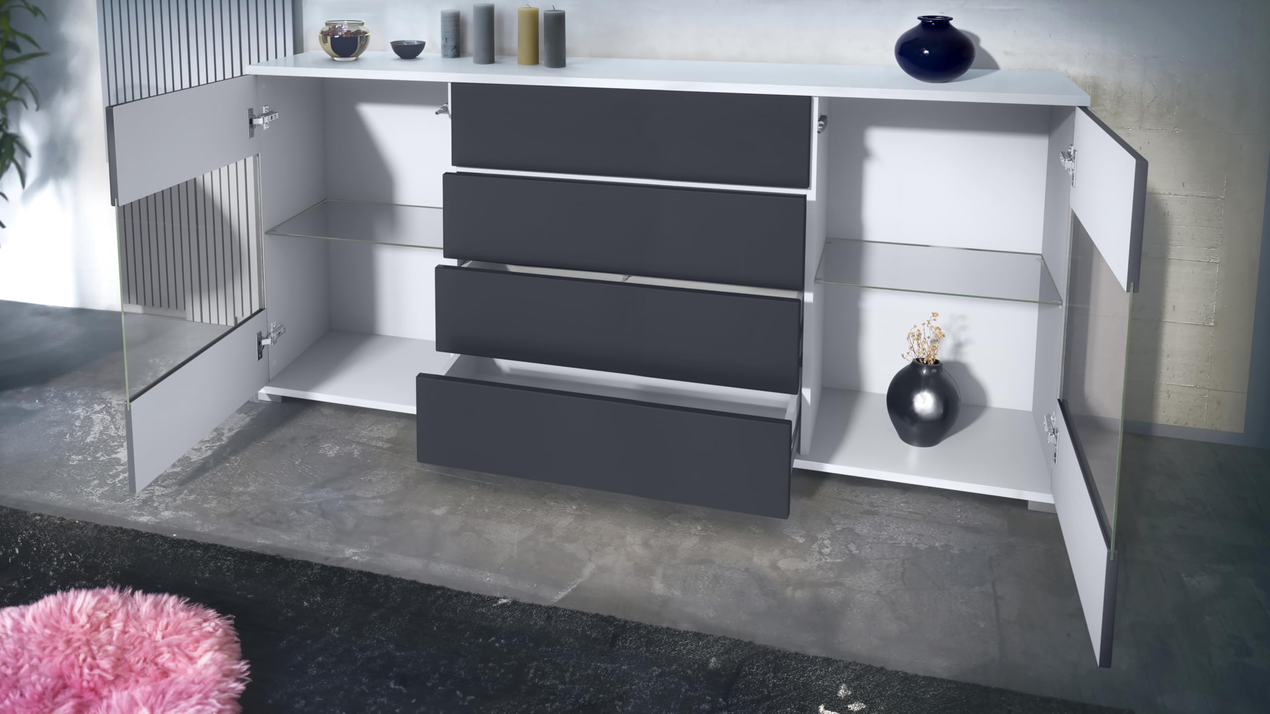 Buffet Dressoir Bari V2 - 166x72x35 Cm, Corps Blanc Mat / Façades Mûre Brillant, 4 Tiroirs, Portes Vitrées