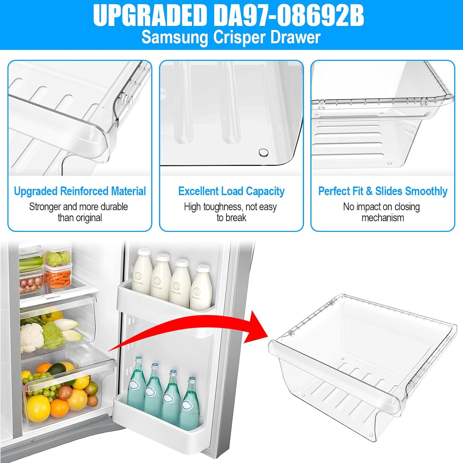 UPGRADED DA97-08692B Refrigerator Crisper Drawer Compatible with Samsung Fridge Drawer Replacement RS25J500DSG RS25J500DSR RS261MDRS RS25H5000SR Drawer for DA97-08692A Samsung Refrigerator Drawers