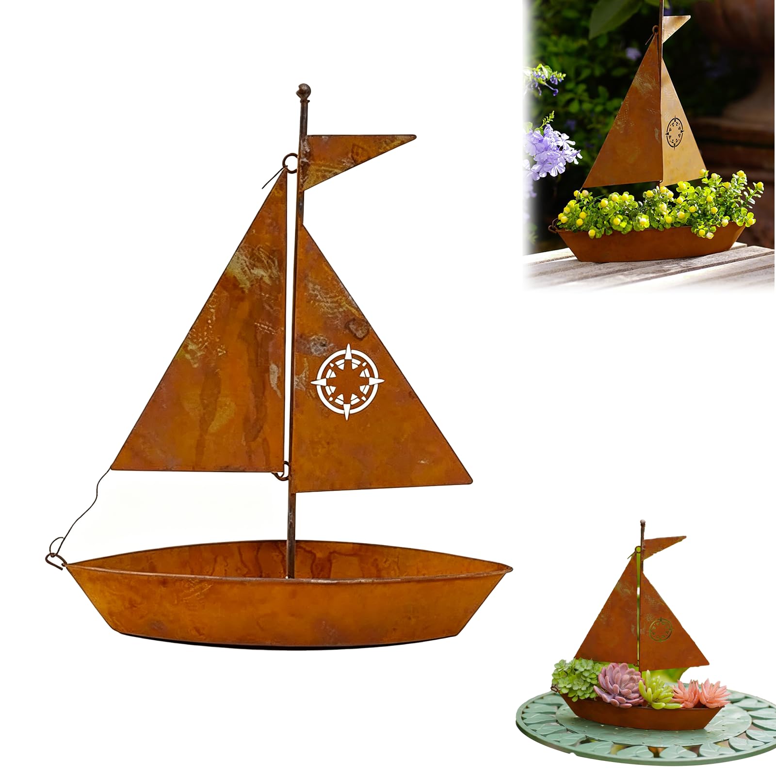 Rustic Iron Sailboat Planter, Nautical Decor, Weatherproof Garden Art (1pc)