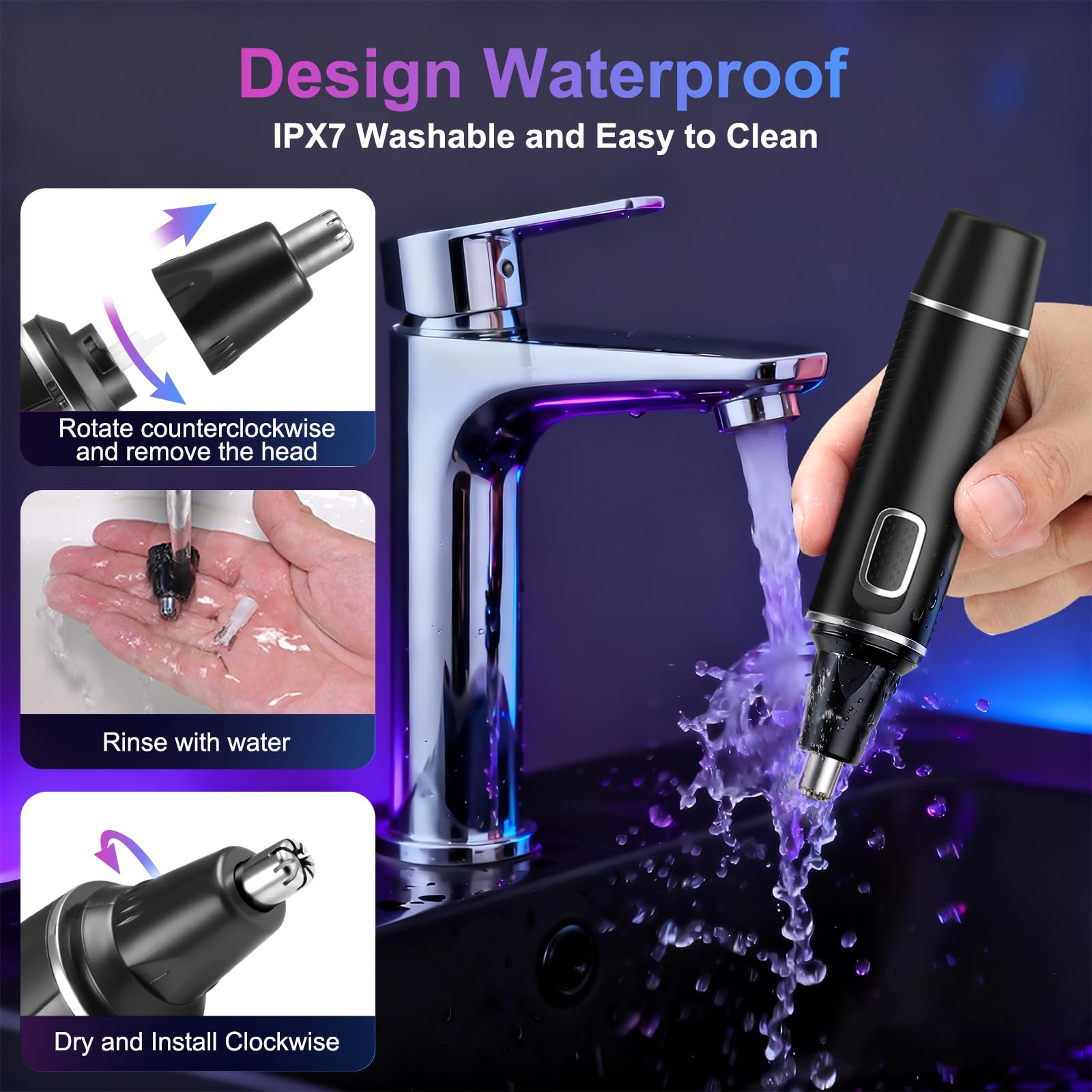 Nasenhaartrimmer für Herren, schmerzfreier Nasentrimmer, wiederaufladbar, für Ohr- und Augenbrauen-Gesicht, Nasenhaarschneider mit IPX7 wasserdicht, zweischneidige Klingen für einfache Reinigung