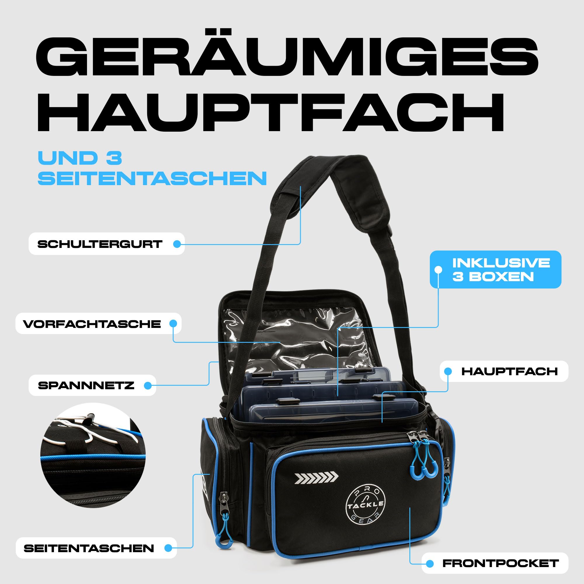 Pro Tackle Strike Shoulder Bag 35x27x20cm mit 3 Tackleboxen für Spinnangeln