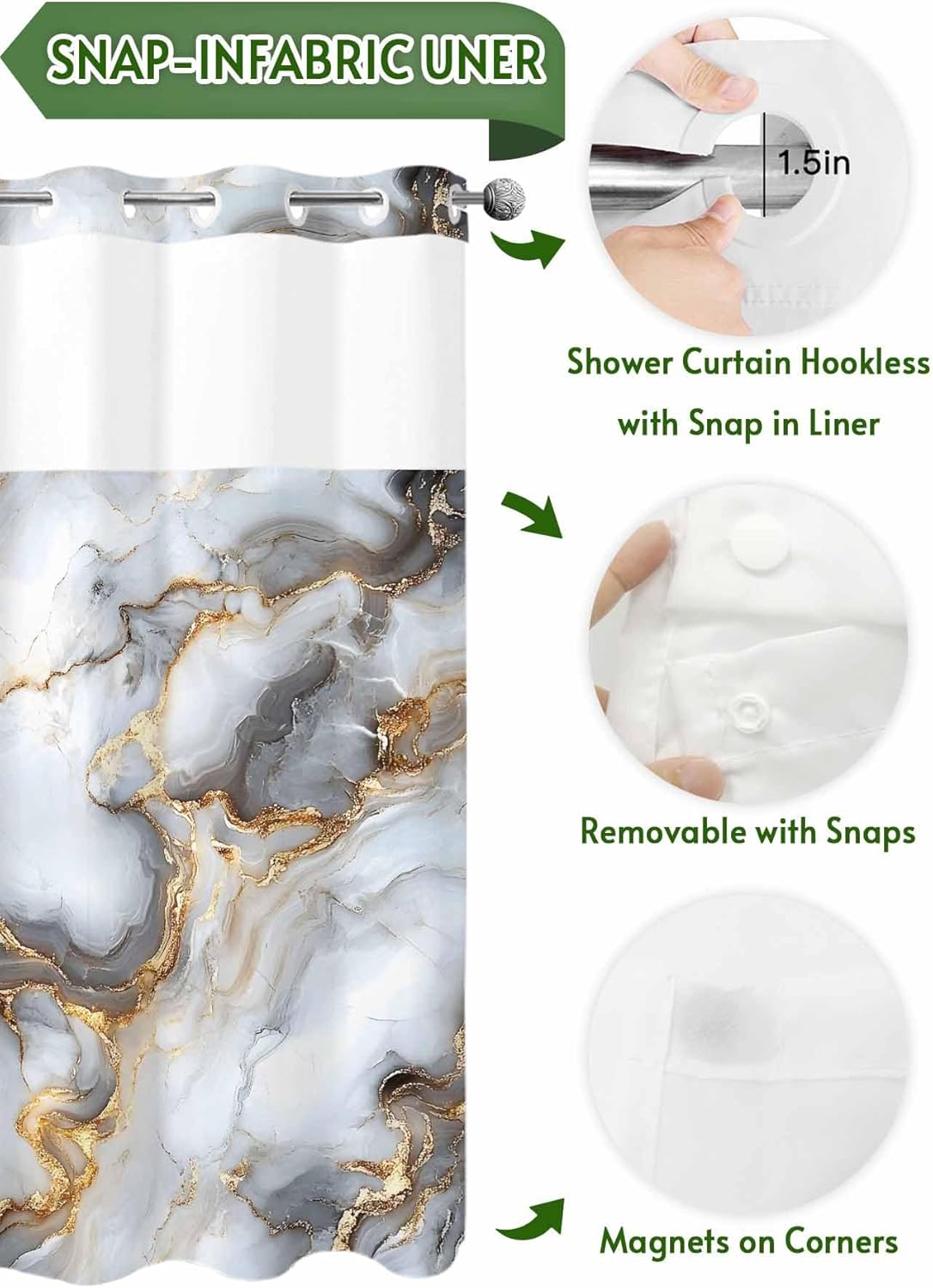 No Hook Shower Curtain with Snap in Liner, Marble Texture Pattern Waterproof Bath Curtain Double Layers with See Through Top Window, Abstract Gold Striped No Hook Shower Curtains