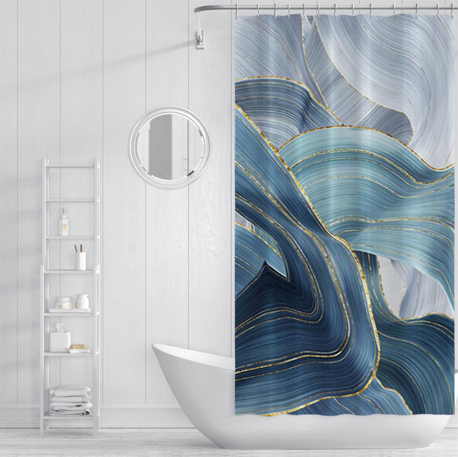 Mármol Elegante Baño Cortina de ducha Turquesa Ondulaciones Azul Oro Océano Moderno Lujo Abstracto Tela de Poliéster 12 Ganchos Decoración Impermeable 200x200 cm