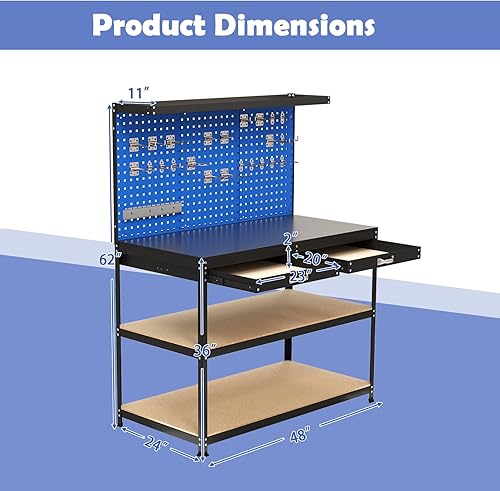 Miniatura 5 de Goplus Banco de trabajo de 48 x 24 pulgadas, mesa de trabajo resistente con 3 tableros de clavijas, 2 cajones y 4 estantes, 24 accesorios para