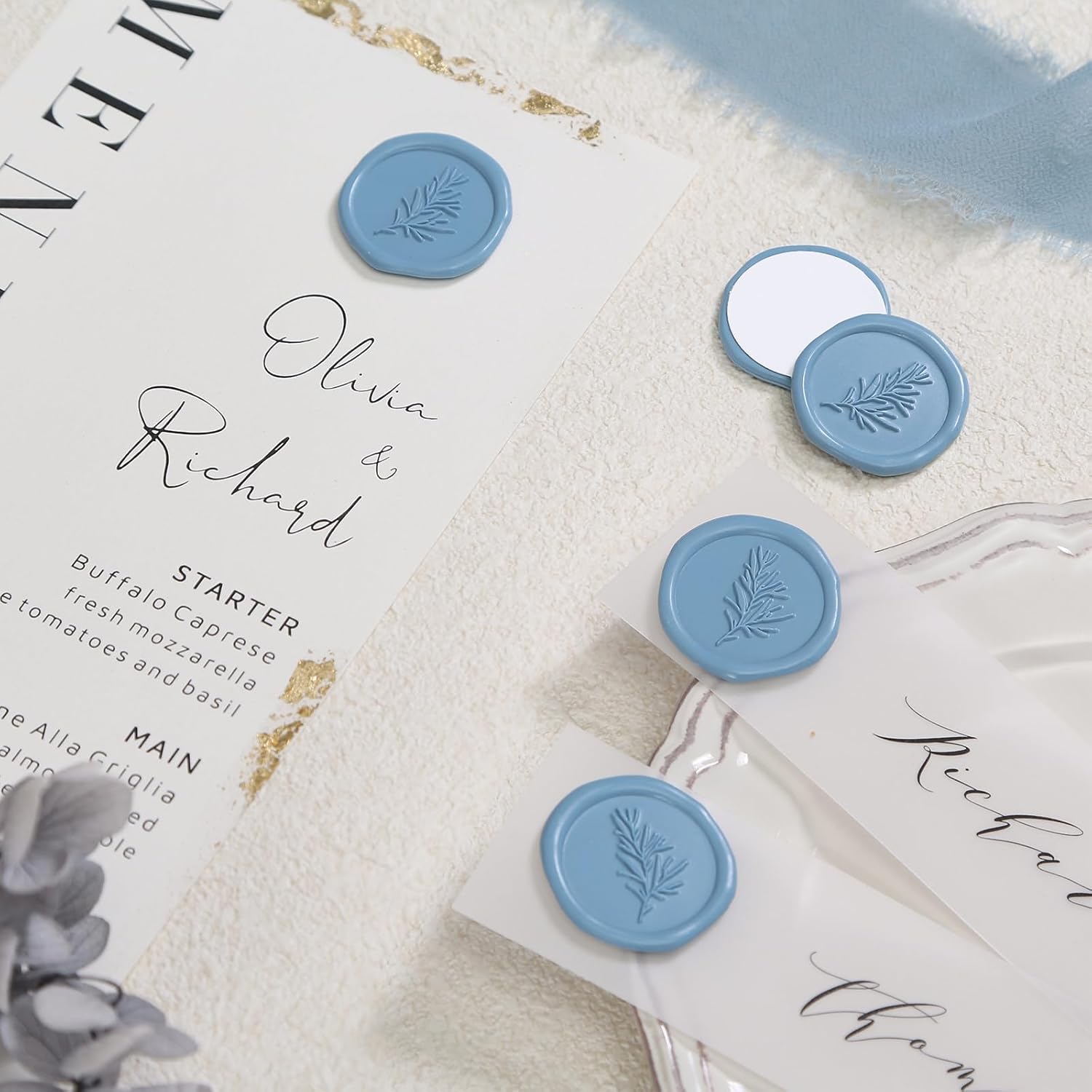UNIQOOO Wax Seal Stickers - Rosemary Wedding Invitation Envelope Seal Stickers, 100 Pcs Self Adhesive Dusty Blue Stickers, Perfect for Invitation, Envelopes, Gift Wrapping, Christmas