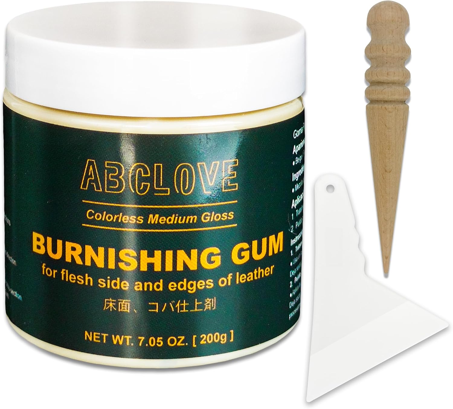 7.05 oz Leather Burnishing Gum Edge Finish Sealer Kit Polishing Eraser Clear 200g with Wood Edge Burnisher and Plastic Scraper for Edges on Oil-Tanned and Veg-Tanned (Leather Burnishing Gum 3 Kit)