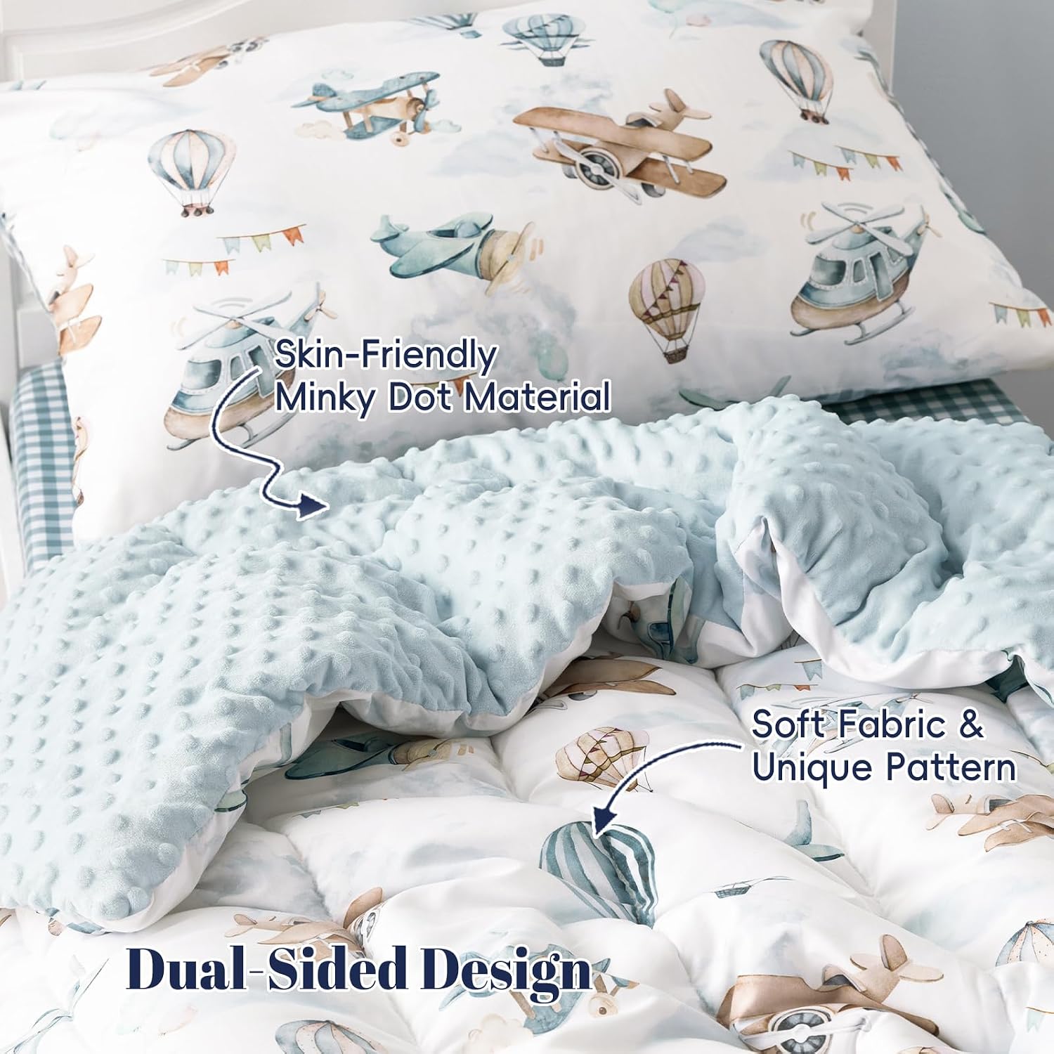 PHF 4 Piece Minky Toddler Bedding Set, Ultra Soft Fluffy Skin-Friendly Soothing Minky Dot Toddler Comforter Set, Unique Pattern Breathable All Season Bedding Set for Boys Girls, Airplane