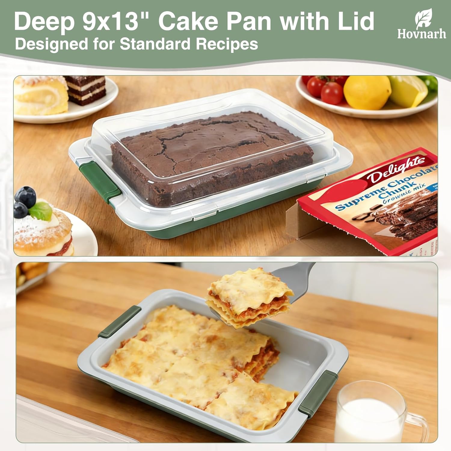 9x13 Baking Pan with Lid, Deep Nonstick Covered Cake Pan for RV & Convection Oven, Heavy Duty Warp-Resistant Pan with Silicone Handles, Snap-On Cover for Meal Prep, Storage, Transport (Green)