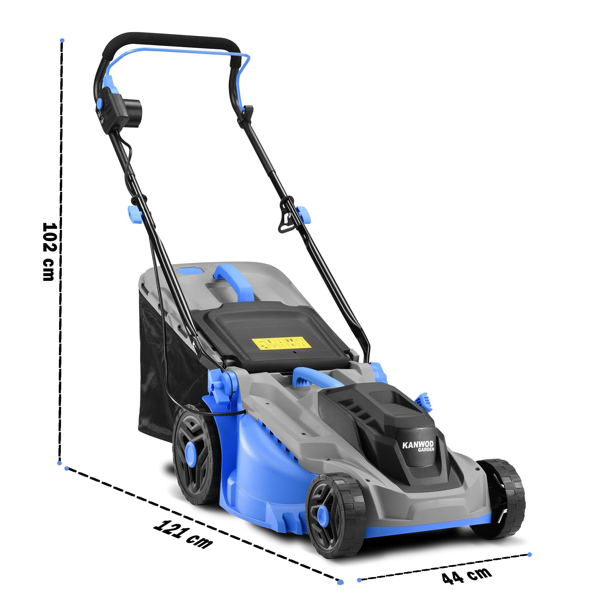 KANWOD Tagliaerba Elettrico, 1600 W, Larghezza di Taglio 38 cm, Cesto Raccoglierba 42 L, Regolazione Altezza Taglio 5 Livelli 30-75 cm, Tosaerba per superfici fino 1000 m², 3400 giri/min, Grigio/Blu