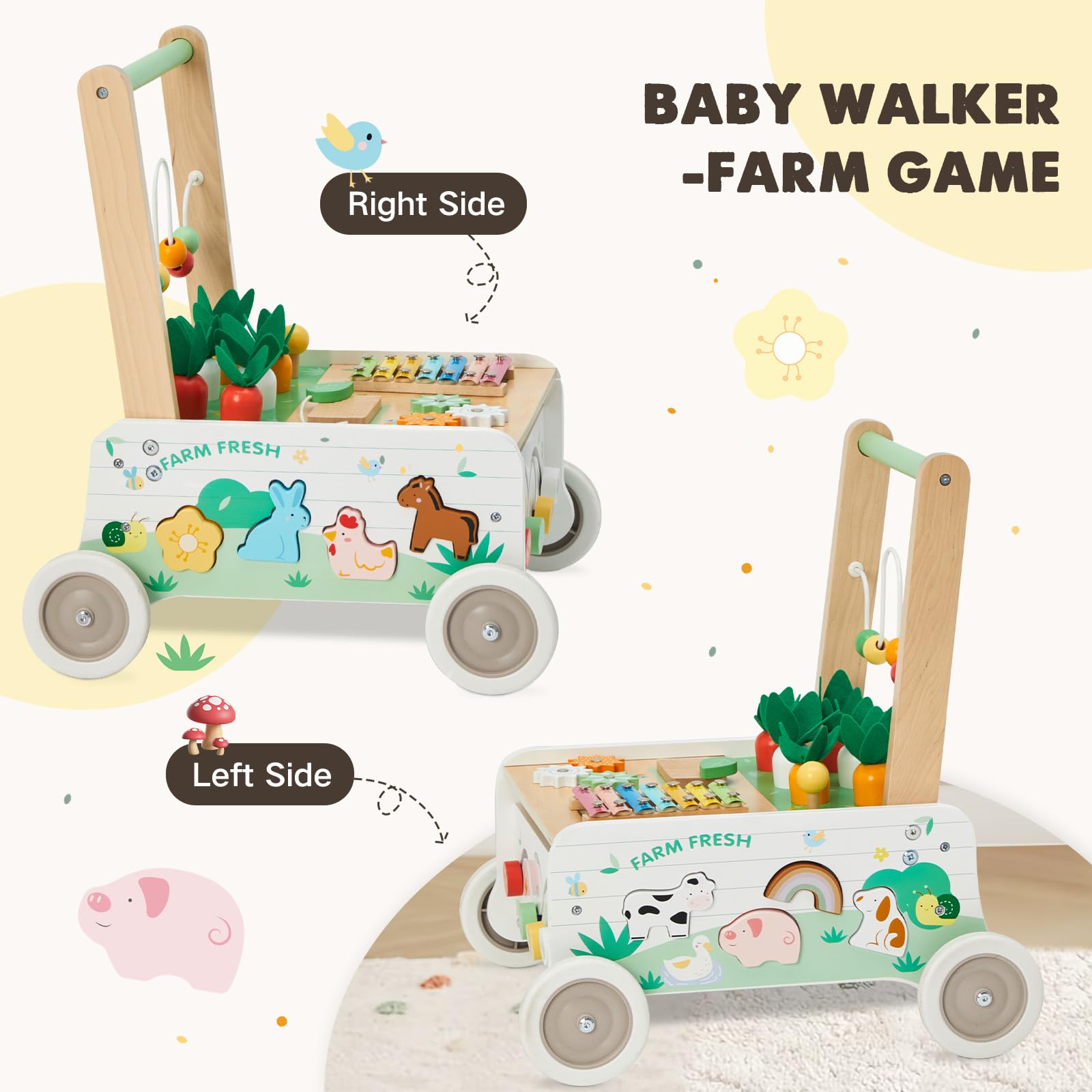 Labebe Andador de Bebé, Andador de Madera para Empujar al Bebé, Andador de Velocidad Ajustable con Rueda, Centro de Actividades para Niños Pequeños