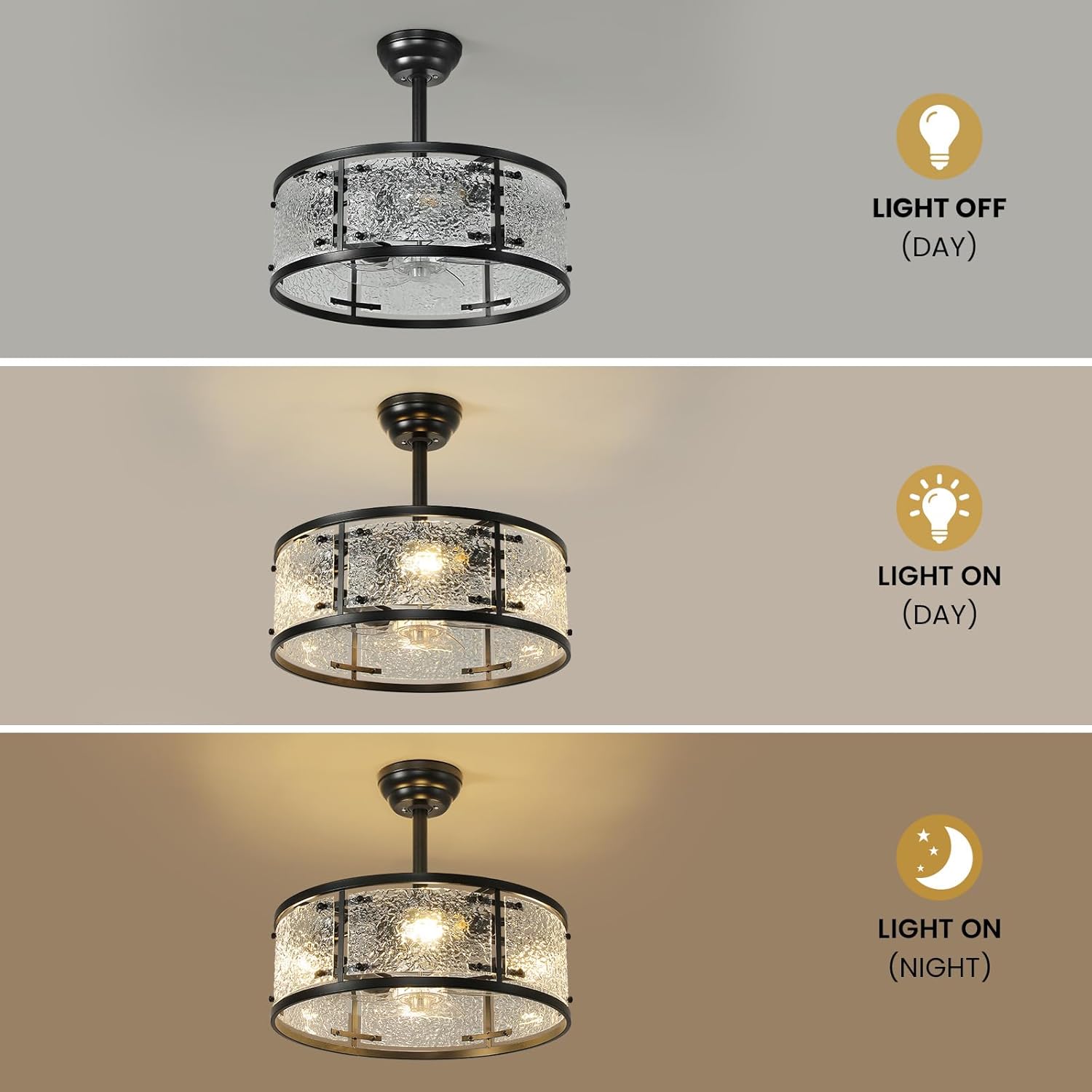 20" Caged Ceiling Fans with Lights, Black Fandelier Ceiling Fan with Light Remote Control, Low Profile Mid Century Chandelier Ceiling Fan with 6 Speeds for Bedroom, Nursery, Living Room