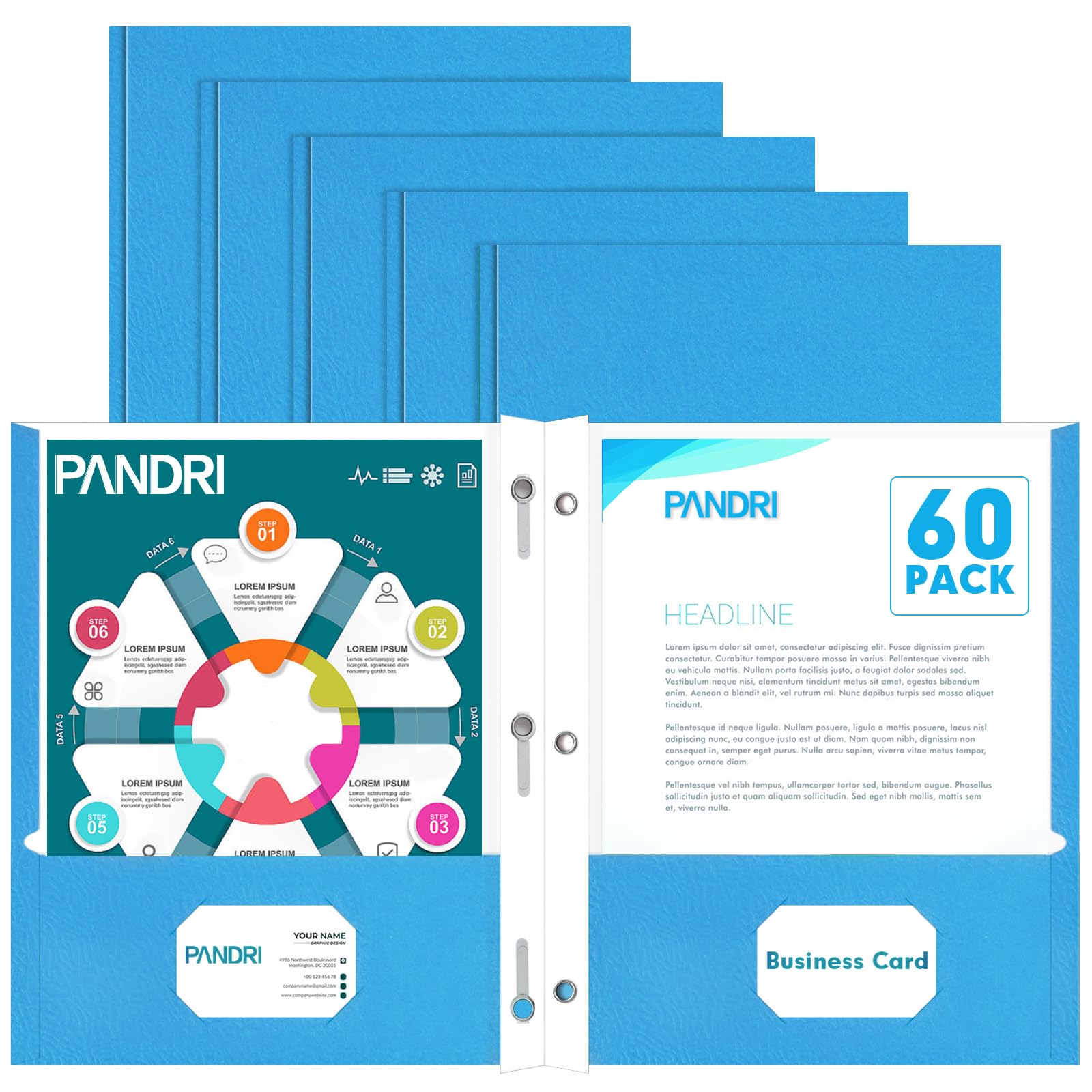 Two Pocket Folders, PANDRI 60 Pack Two Pocket Folders with Prongs, 3 Prong Folders Designed for Office and Classroom, Letter Size Lightblue