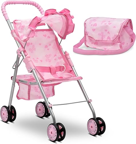 Miniatura 10 de Dolls To Play Cochecito de muñeca para niñas, juguete de juego para niñas pequeñas, carrito de muñeca plegable con toldo, canasta de almacenamiento,