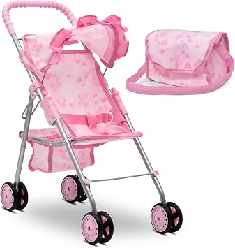My First Baby Doll Stroller for Girls, Toddler Play Toy Foldable Buggy Carriage for Kids with Canopy Storage Basket Travel Diaper Bag - Pink