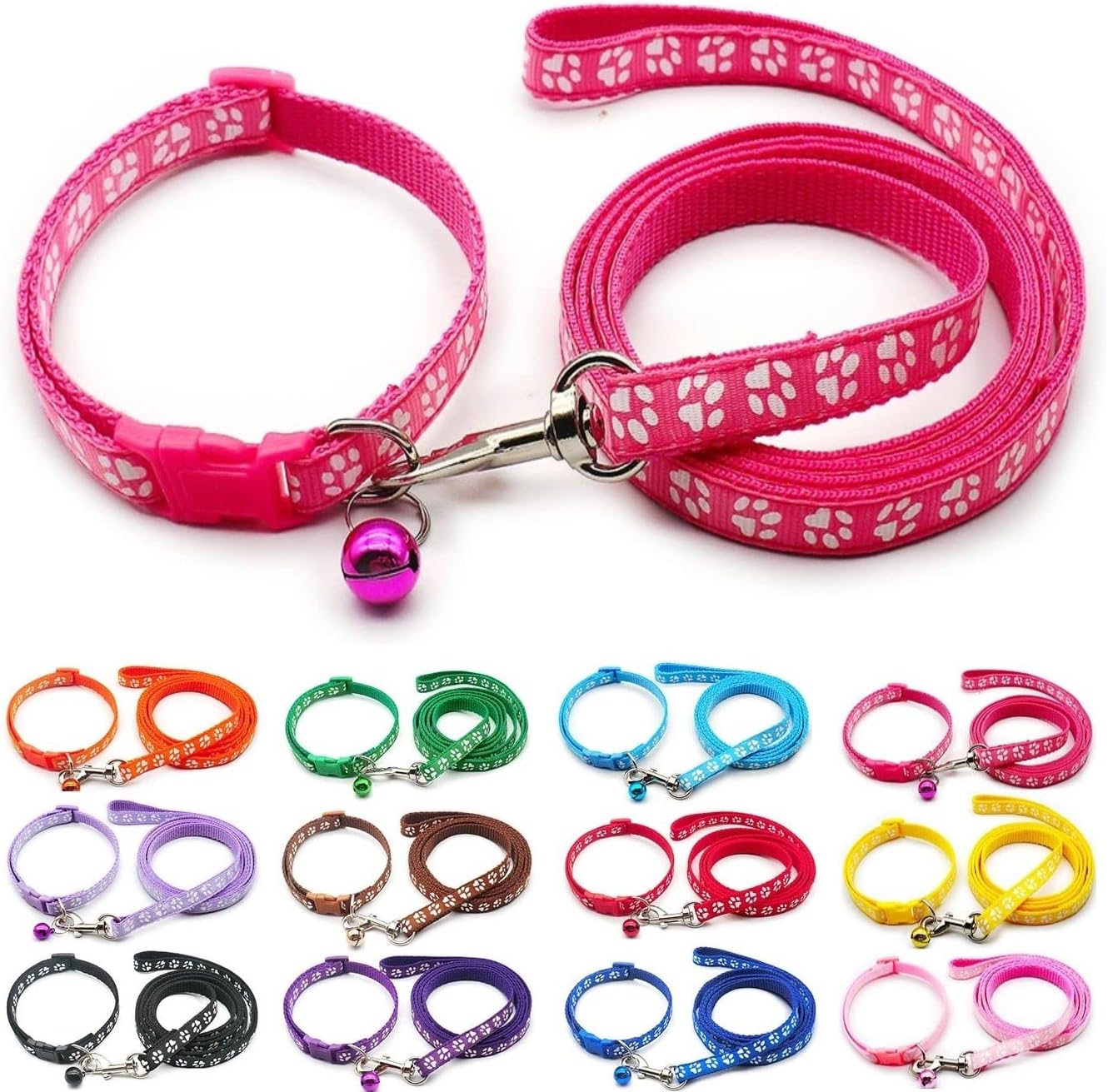 Small Dog Puppy Pet Collar and Lead Set Pawprint Design Nylon Adjustable Size 19-32cm Collar with Bell and 120cm Leash Pink Magenta Rose