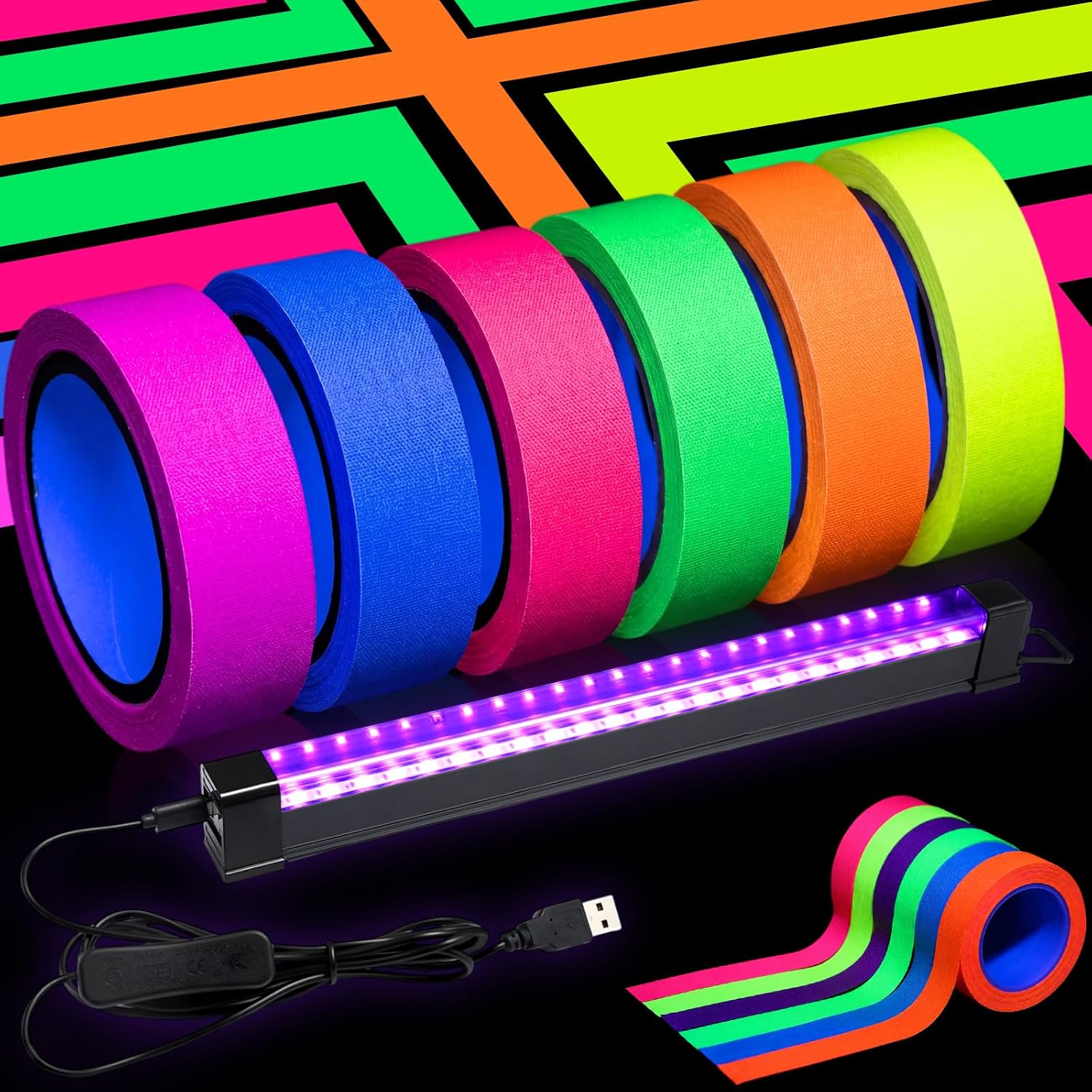 Capoda UV Black Light Bar for Glow Party with 6 Rolls Neon Gaffer Cloth Tapes UV Reactive Fluorescent Glow Crepe Paper Decorations for Wedding Birthday Neon Halloween Party Supplies