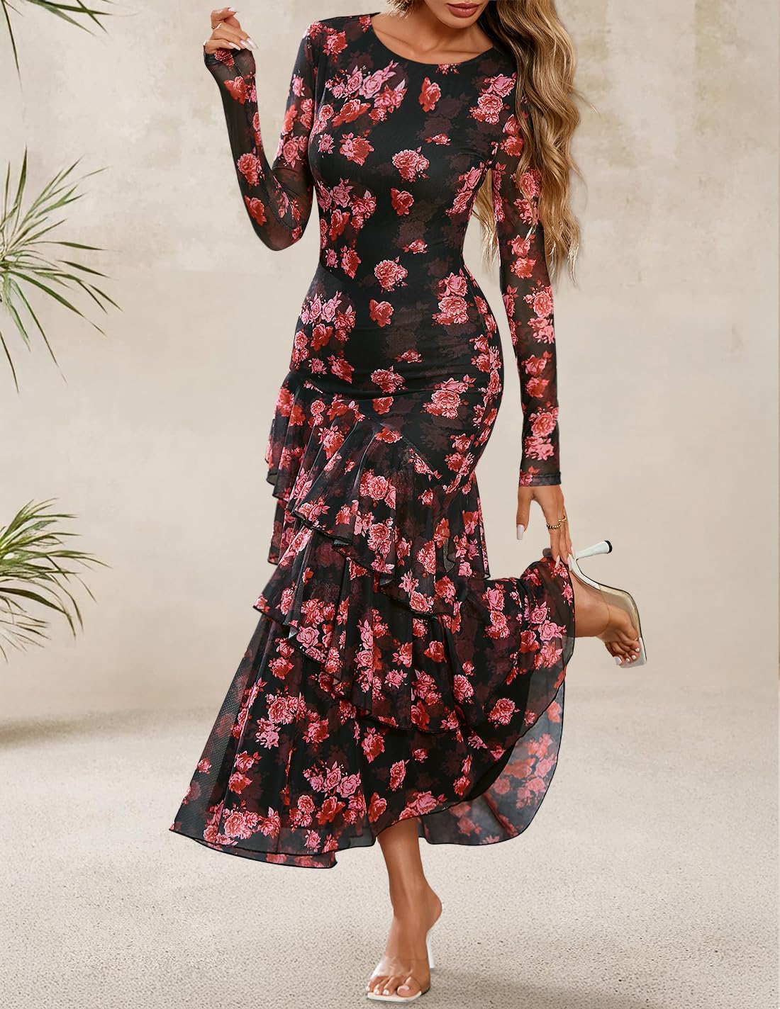 ZESICA Women's Spring Floral Wedding Guest Bodycon Dresses 2026 Long Sleeve Crewneck Mesh Ruffle Mermaid Party Maxi Dress - Image 3