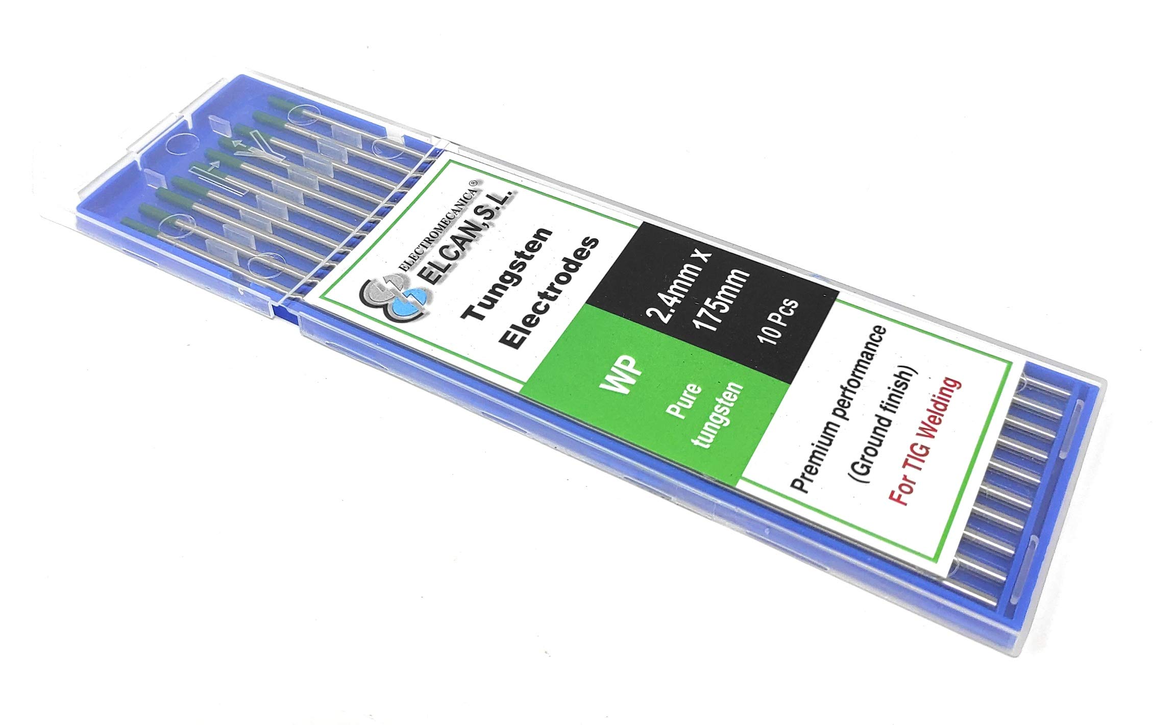 ELCAN Tungstens TIG saldatura Verde puro WP professionale, 1.0 1.6 2.0 2.4 3.2 3.2 elettrodi per saldatura torcia TIG, 10 unità - Dimensioni: 2,4 x 175 mm