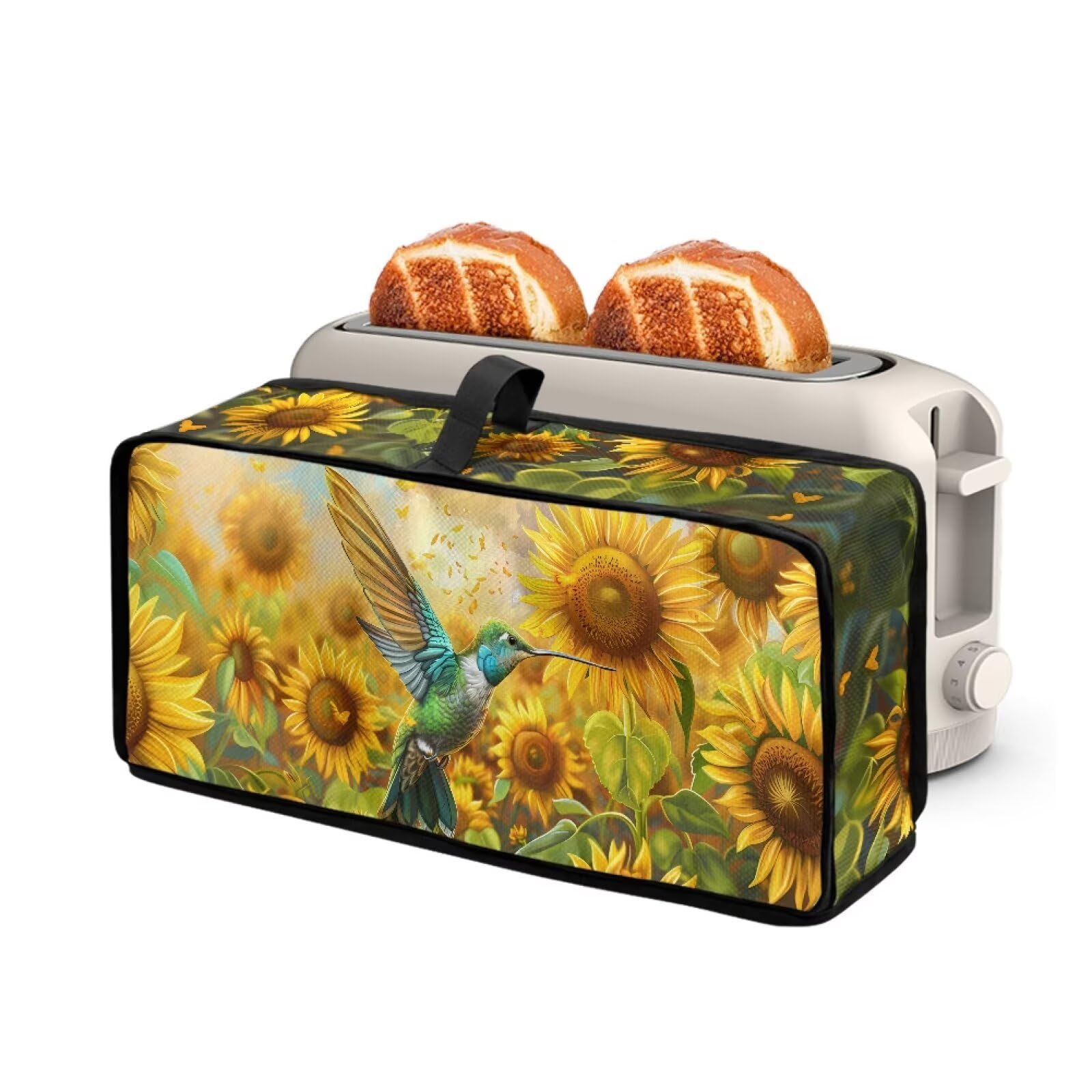 Sunflower Hummingbid Long Slot Toaster Cover Universal Fit 2 Slice Slim Toaster Oven Stain Resistant Dust-proof Kitchen Small Appliance Cover with Top Handle