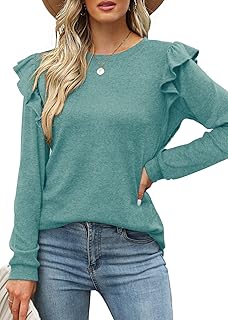 Sponsored Ad - Dofaoo Long Sleeve Shirts for Women Casual Crewneck Ruffle Tops Loose Fit