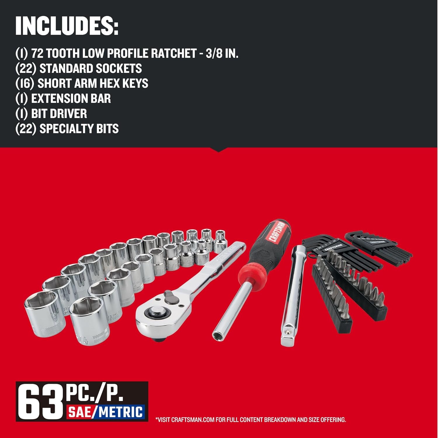 CRAFTSMAN VERSASTACK 63 Piece Mechanics Tool Set with Hard Case, 3/8 Inch Drive (CMMT45163)