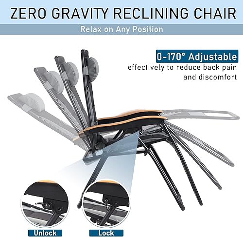 Miniatura 5 de PHI VILLA Juego de 2 sillas acolchadas XXL de gravedad cero, reclinables plegables para patio, asiento antigravedad de 30 pulgadas de ancho