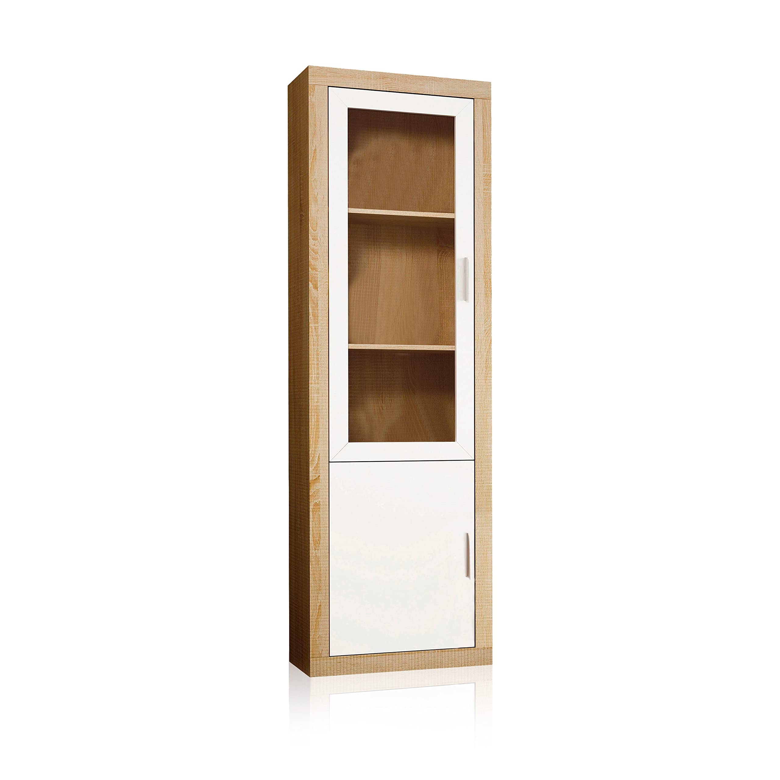 duehome | Salon Modular, Vitrina Reversible con 2 Puertas, Composicion Salon por Piezas, Modelo Nuka, Acabado en Cambria y Blanco, Medidas: 60 cm (Largo) x 193,2 cm (Alto) x 34,6 cm (Fondo)