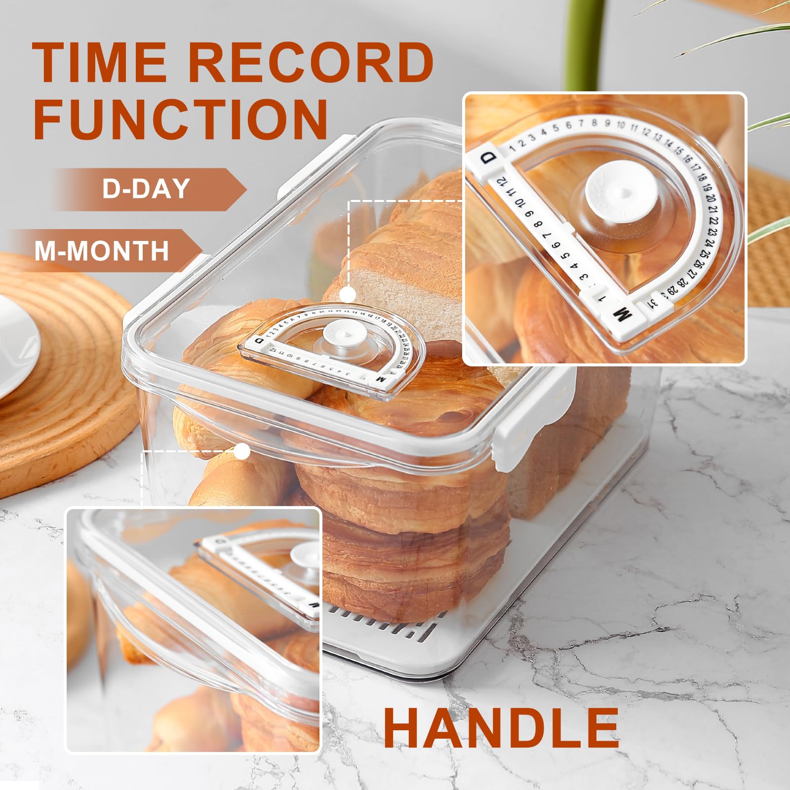 Brotbox für Küchenarbeitsplatte, luftdichter Brotaufbewahrungsbehälter, Zeitaufzeichnung, Brothalter mit Deckel, Brothalter für hausgemachtes Brot, Toast, Bagel, Donut und Kekse, Weiß, 2 Stück