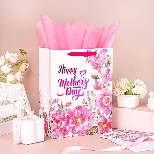 Miniatura 2 de LeZakaa Bolsa de regalo para el día de la madre, bolsa de regalo rosa de 13 pulgadas con papel de seda, etiqueta de regalo y tarjeta, letras del día