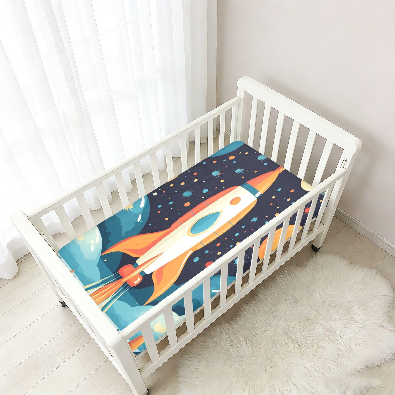 Estrellas De Cohete De MontañA De Dibujos Animados Sábana de Cuna para Niños Pequeños,Sábanas de Algodón Suave para Bebés Aptas para Colchón Corralito