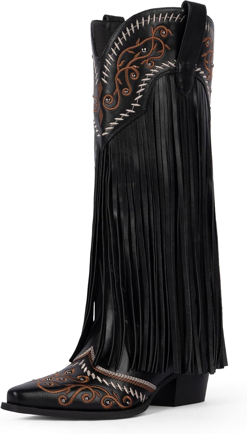 Modatope Cowboy Boots for Women Fringe Knee High Boots Embroidered Cowgirl Western Pointed Toe Chunky Heel Slip on Wide Calf Cowboy Boots