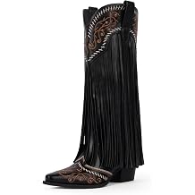 Modatope Cowboy Boots for Women Fringe Knee High Boots Embroidered Cowgirl Western Pointed Toe Chunky Heel Slip on Wide Calf Cowboy Boots