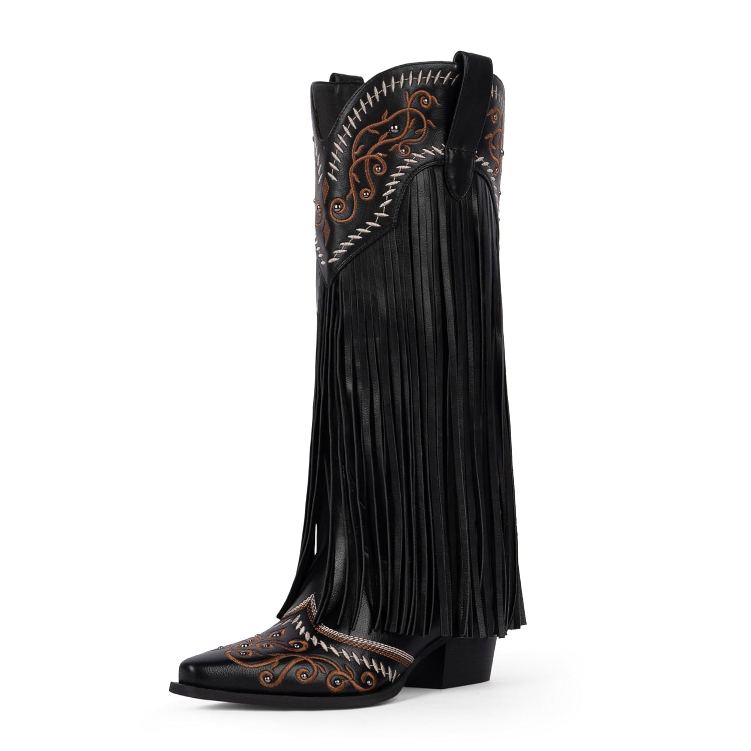 Modatope Cowboy Boots for Women Fringe Knee High Boots Embroidered Cowgirl Western Pointed Toe Chunky Heel Boots