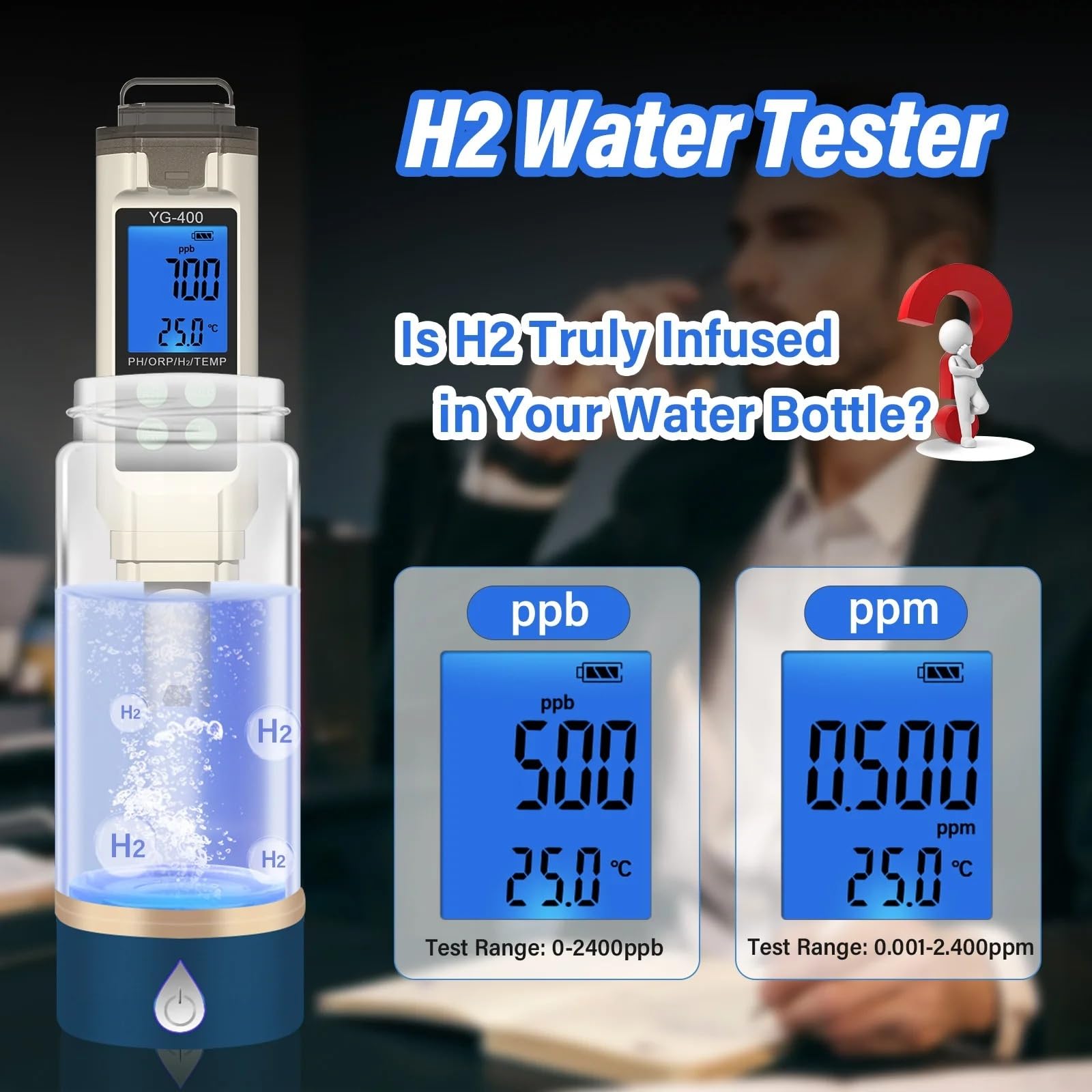 Misuratore Digitale 4 in 1 di PH, ORP, Temperatura, H2, ppm, ppb, idrogeno disciolto, Tester for Acqua Potabile, Acquario, Piscina