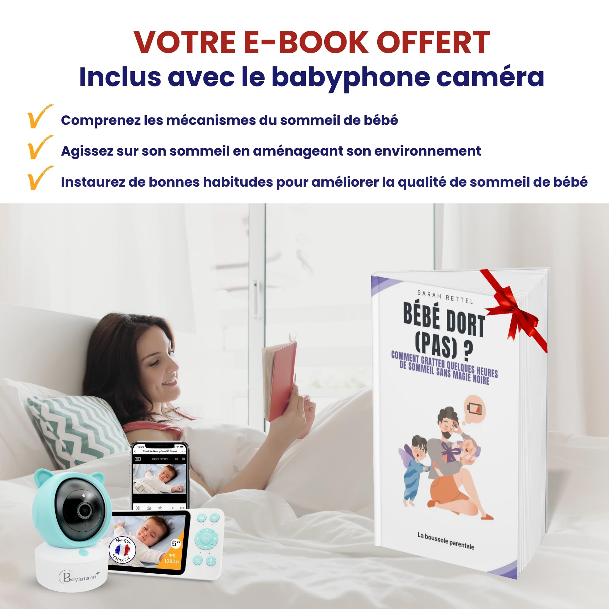 Babyphone Camera 2K + Moniteur vidéo 5" LCD-IPS + Application WiFi | PTZ 355°, VOX, Enregistrement, Surveillance Mouvements, Berceuses | Baby Phone Monitor, Caméra Bebe | Support Offert |
