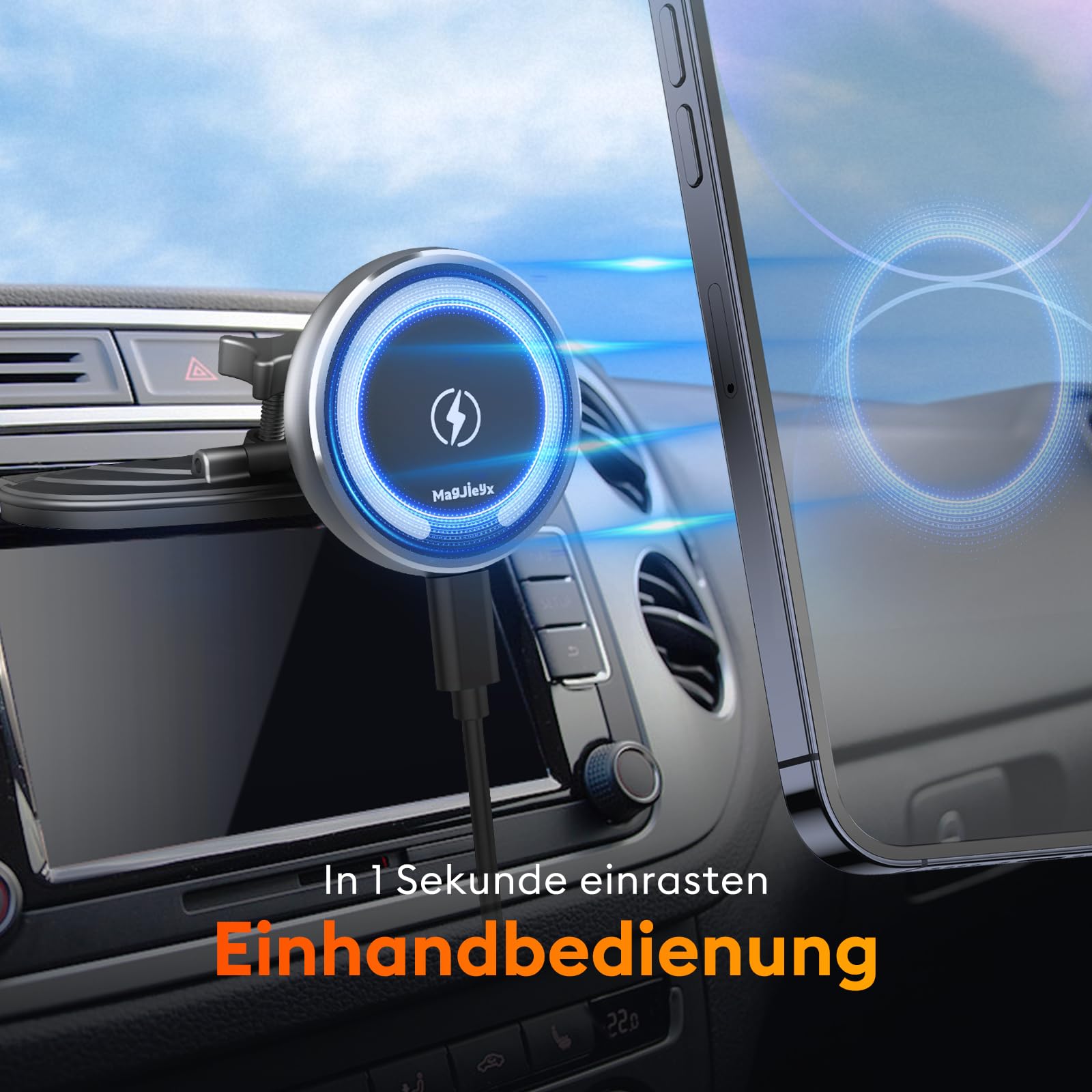 MAGJIEYX für Magsafe Autohalterung mit Ladefunktion, Handyhalterung Auto Ladegerät CD Schlitz 15W Schnellladen mit 3M Dashboard Klebepad Starke Magnetkraft für iPhone 16 15 14 13 12 Auto Zubehör Grau