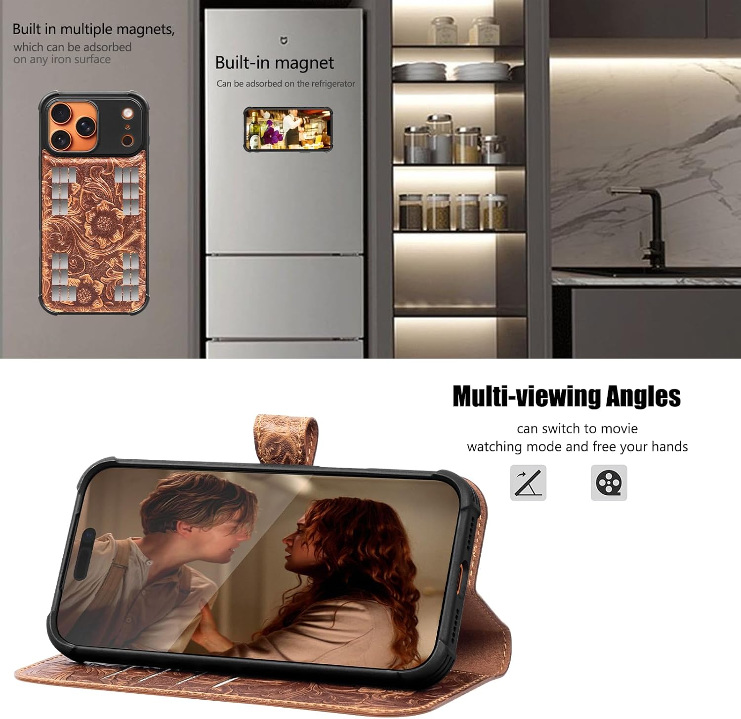 Leather Case Compatible with iPhone 17 Pro Max Wallet 6.9",Genuine Leather 2-in-1 Magnetic Detachable Shockproof,Flip Folio Cover with Card Slot, Wireless Charging RFID Blocking Dark Brown