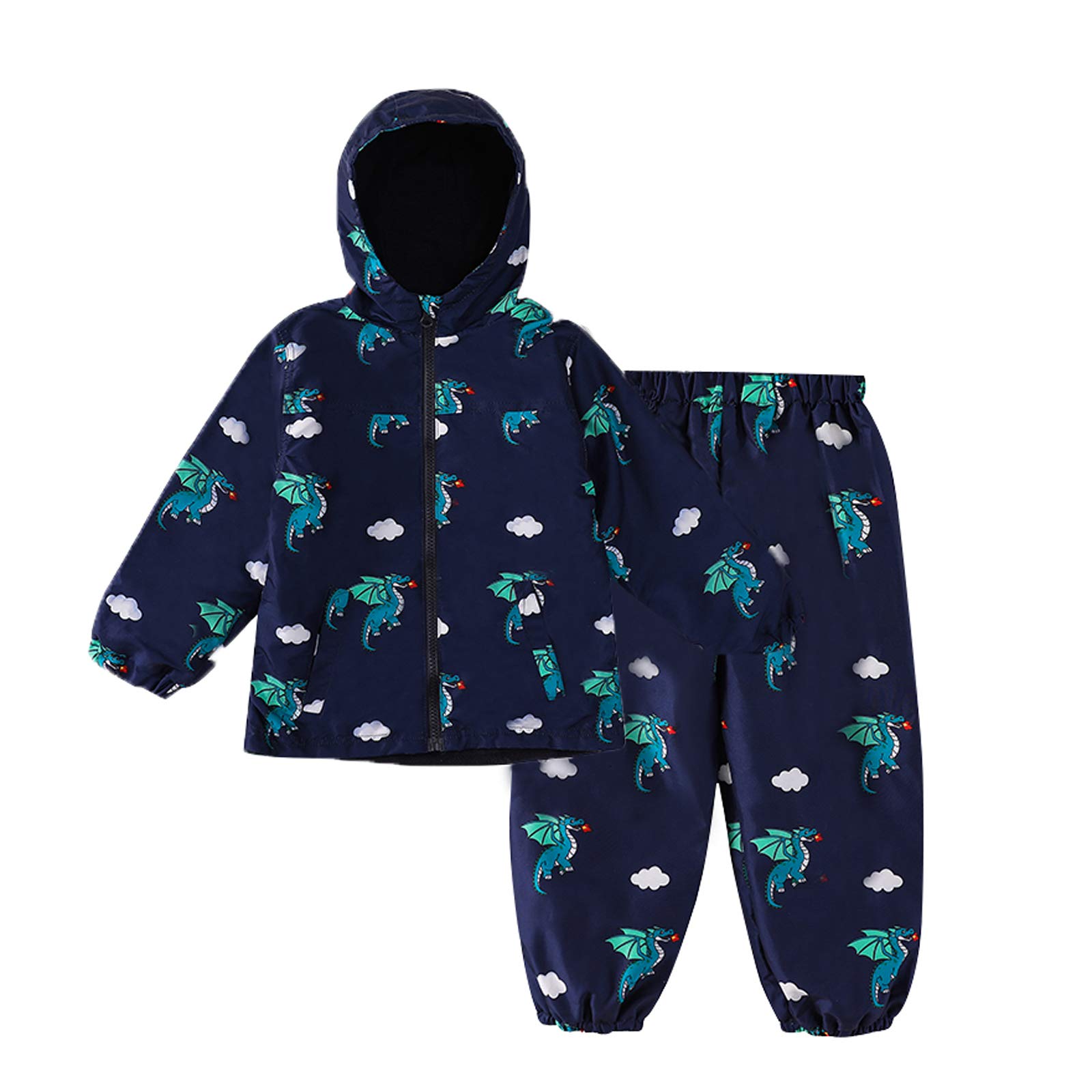 LZH Bambini Impermeabile Ragazzi Giacca con Cappuccio Dinosauro Cappotto + Pantaloni Set