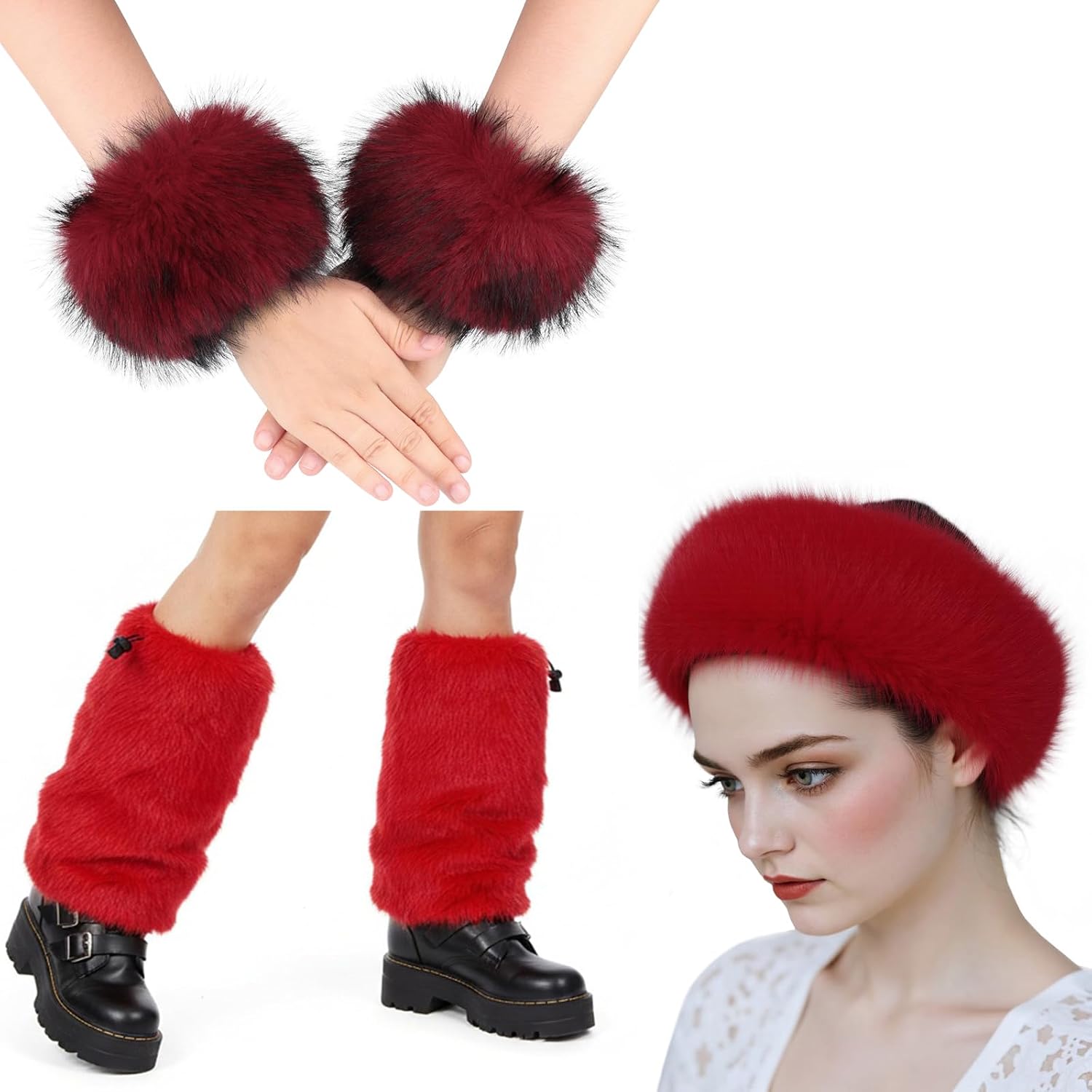 Faux Fur 3 Pieces Headband Wrist Bands Cover Leg Warmers Cuff Set