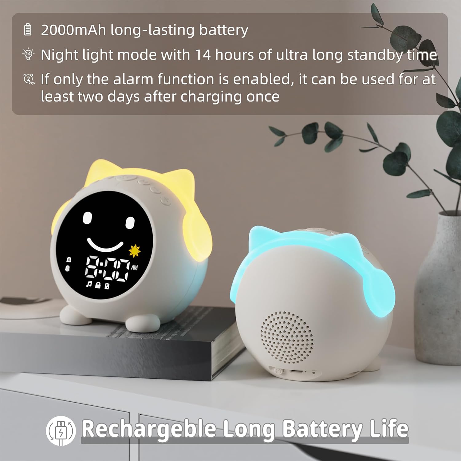 MRSCOZ White Noise Machine showing battery life and charging information