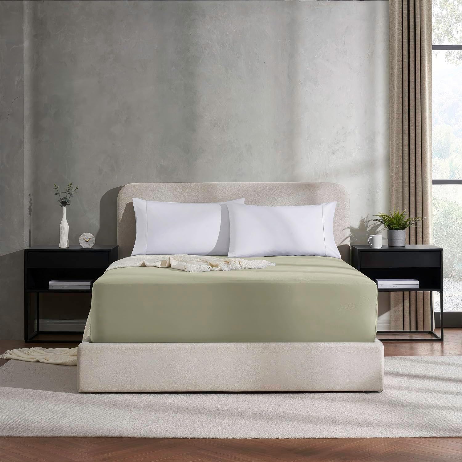 Nestl Light Sage Extra Deep Pocket King Fitted Sheet Only, Hotel Luxury King Size Fitted Sheets Easily Fits 18 to 24 Inch Mattress, Super Soft, Wrinkle-Free, and Breathable Sheets with Corner Straps