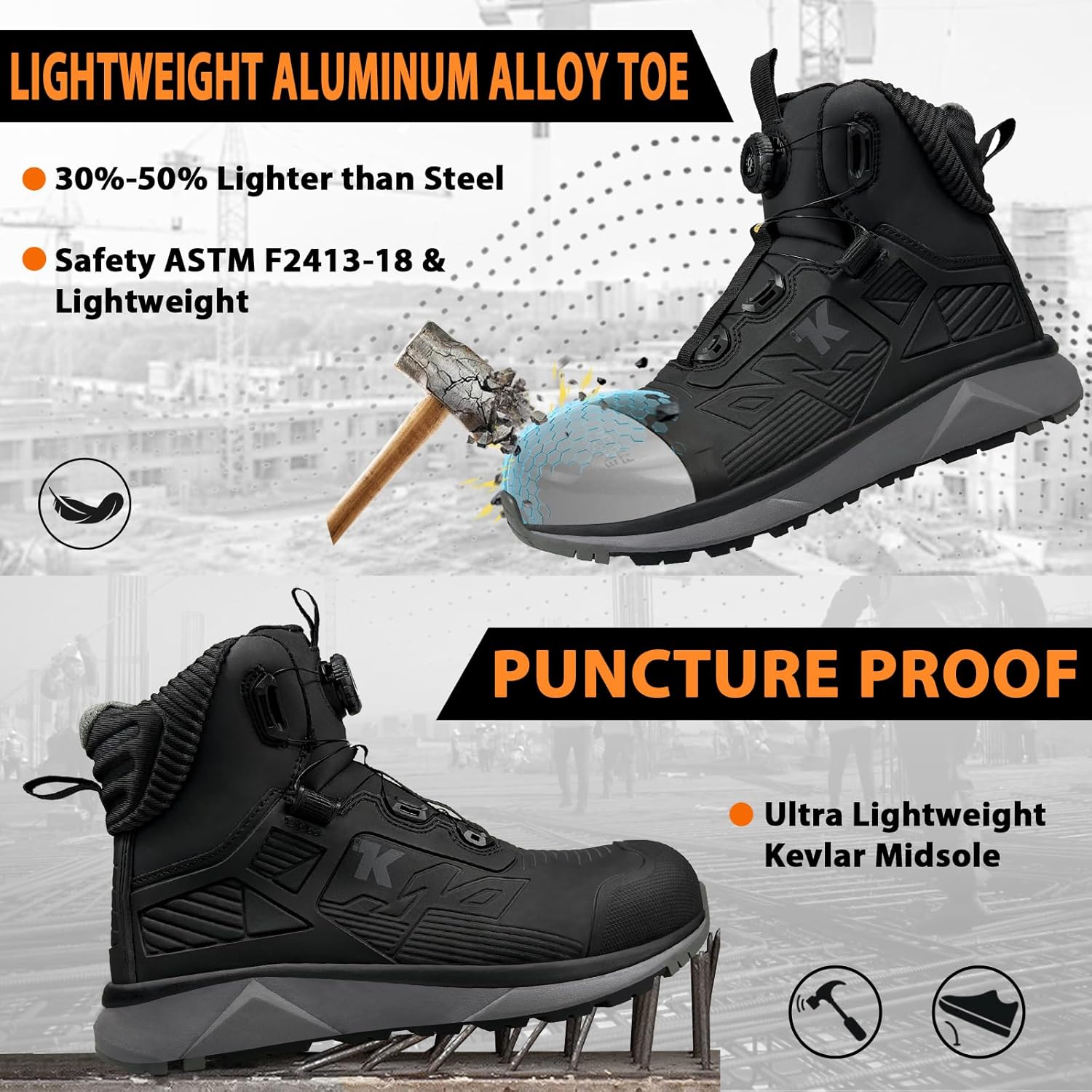 Men Work Boots - Durable Quick Lacing System, ESD Shoes, Aluminum Alloy Toe and Puncture Proof ASTM 2413, Oil and Slip Resistant, Water Resistant Lightweight Industrial Safety Boot