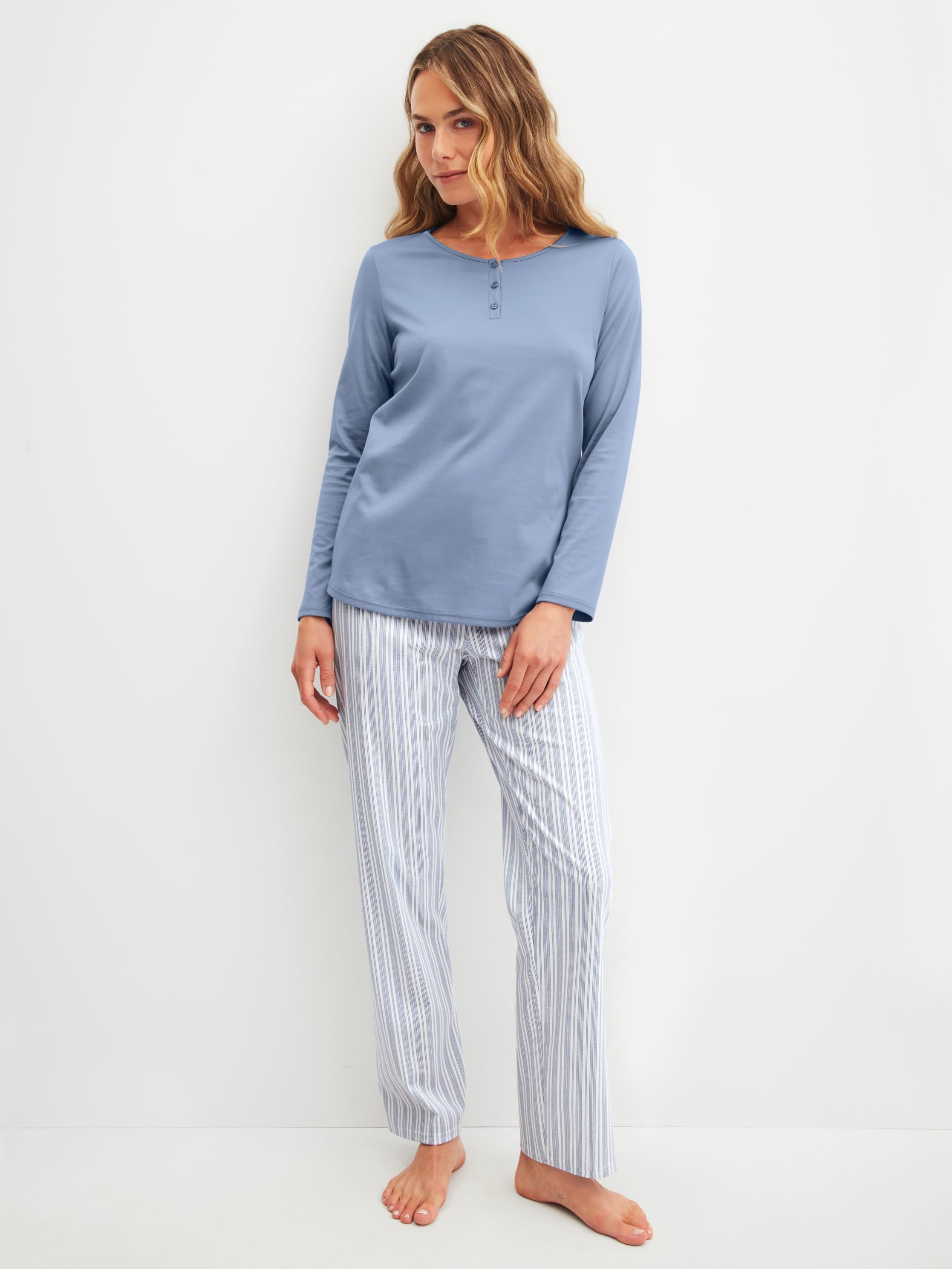 CALIDA Striped Dreams Pyjama Damen | langer Schlafanzug aus 100% Baumwolle, wärmend, hautfreundlich, atmungsaktiv, pflegeleicht