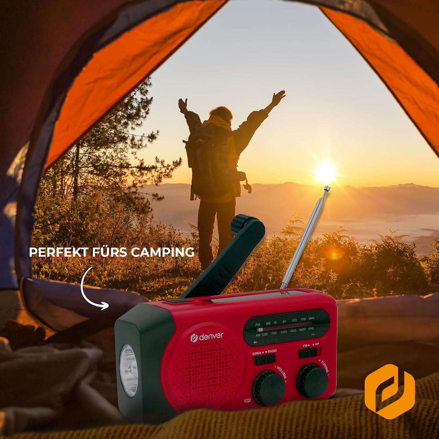 Denver SCR-2010MK2 Kurbelradio Notfallradio Solar – AM/FM Weltempfänger mit Handkurbel - Solarpanel - 2000mAh Powerbank - LED Taschenlampe & SOS – Radio für Notfall - Camping & Outdoor