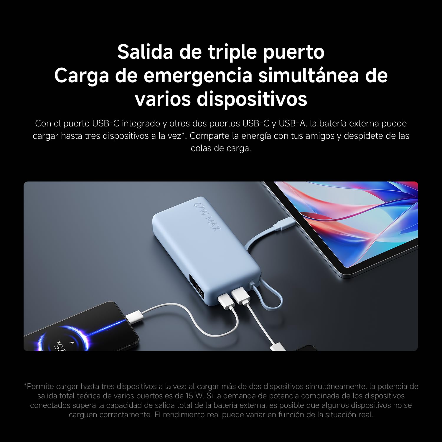 Xiaomi 67W Power Bank 20000mAh con Cable USB-C Integrado, Azul Hielo | Carga rápida 67W, 20000mAh, cable USB-C integrado. Carga bidireccional — alimenta 3 dispositivos a la vez.