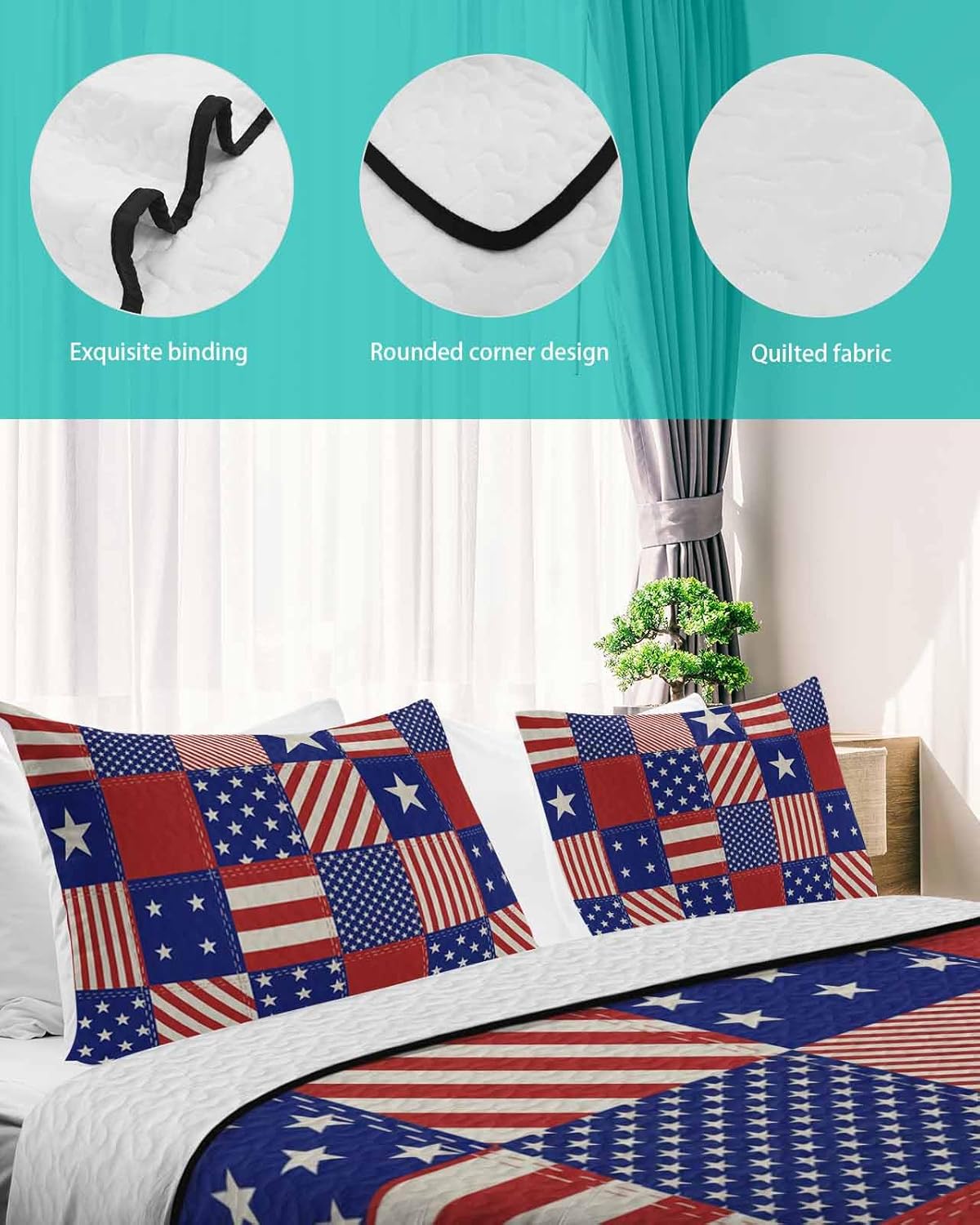 Queen Size Quilt Set, Independence Day Flag Lightweight Bedspread Coverlet Set Soft Microfiber Summer Quilt with 2 Pillow Shams, White Stars Red Striped 3 Piece Comforter Bedding Set