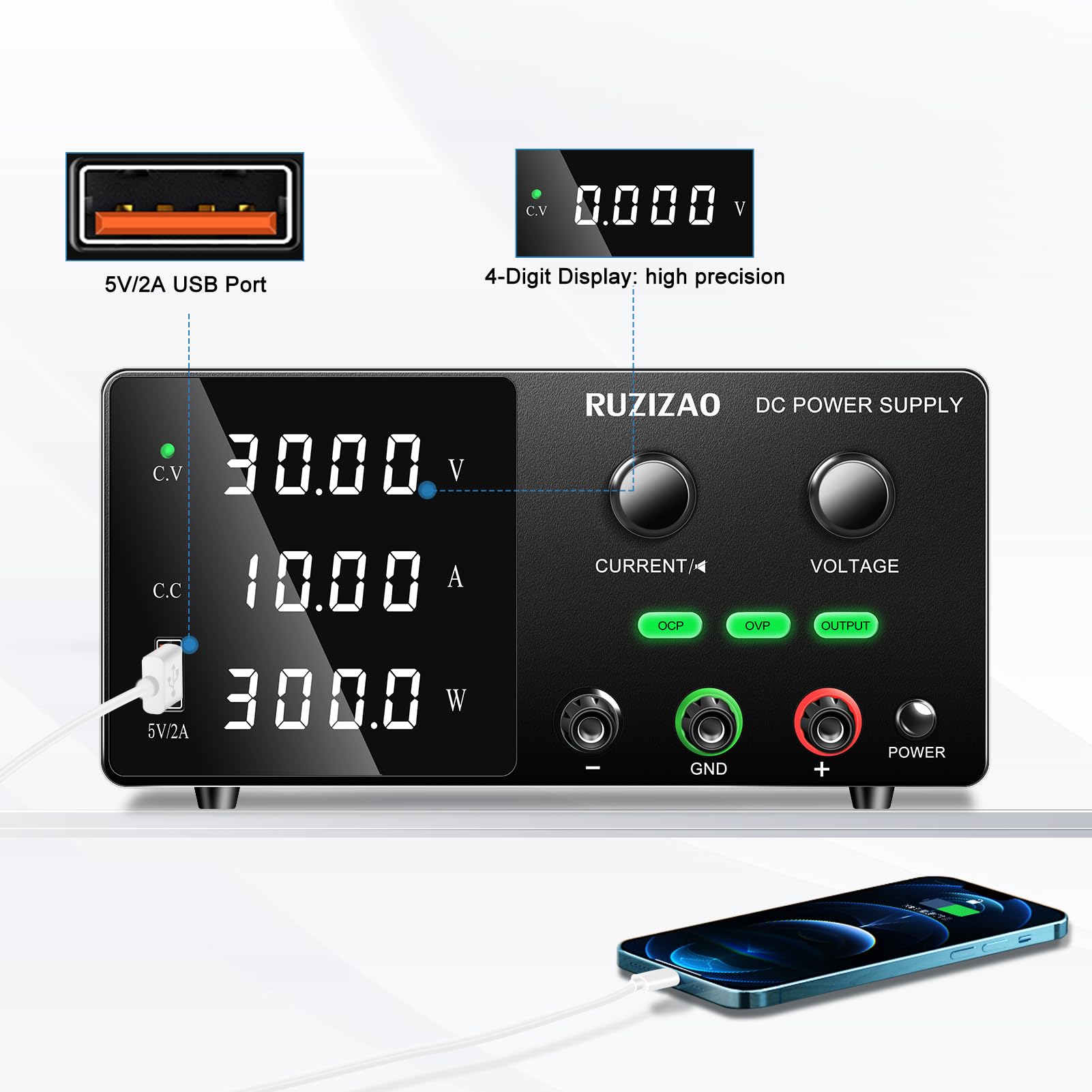 Alimentatore Da Laboratorio 30V 10A Regolabile - Con USB Type-C, Display LED, Per Elettronica
