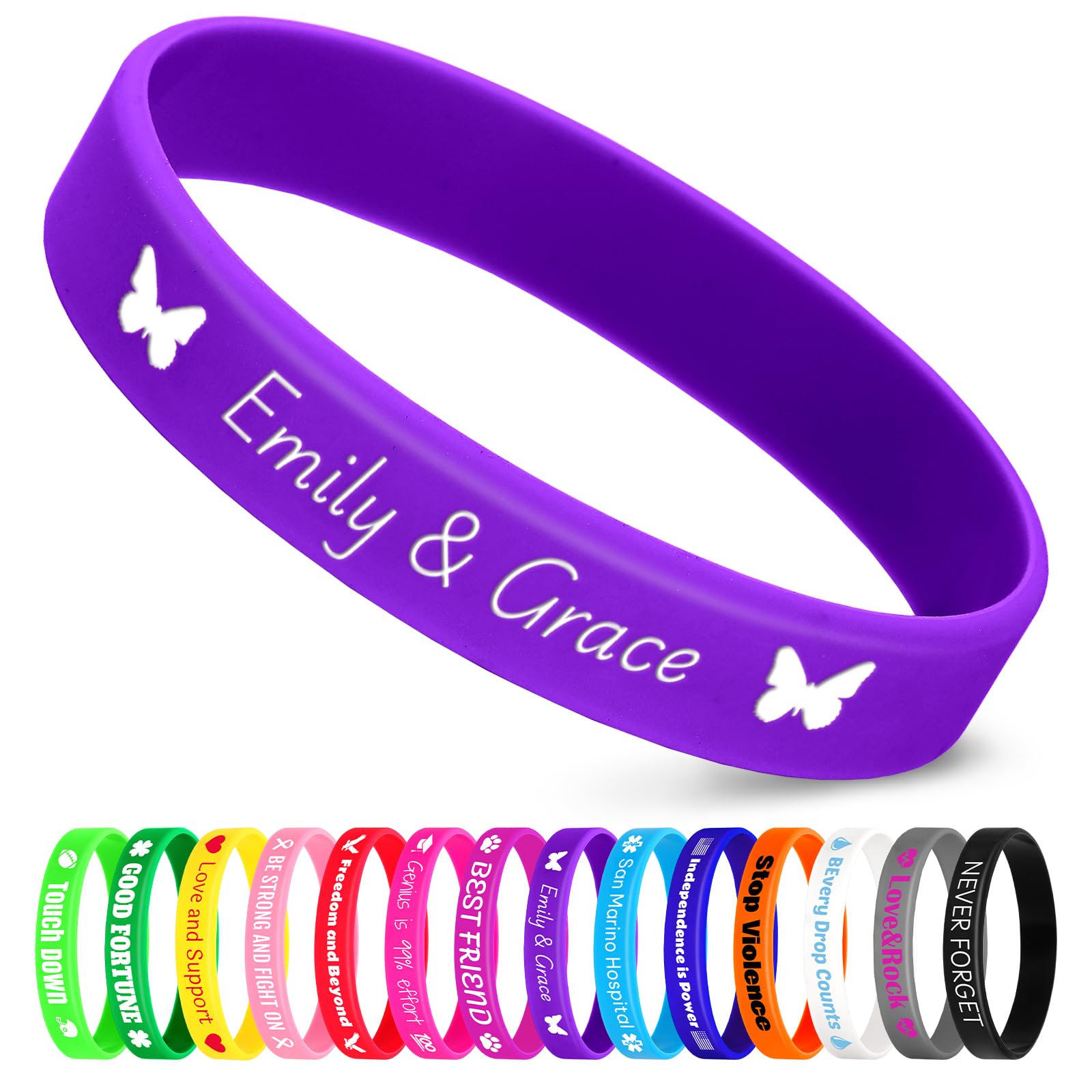 Jodimitty 200Pcs Personalised Wristbands Silicone Wristbands for Men Women Adults, Custom Text & ICON, Bulk Wrist Bands for Event Party Festival Wedding Awareness Motivation, 202x12mm (Dark Purple)
