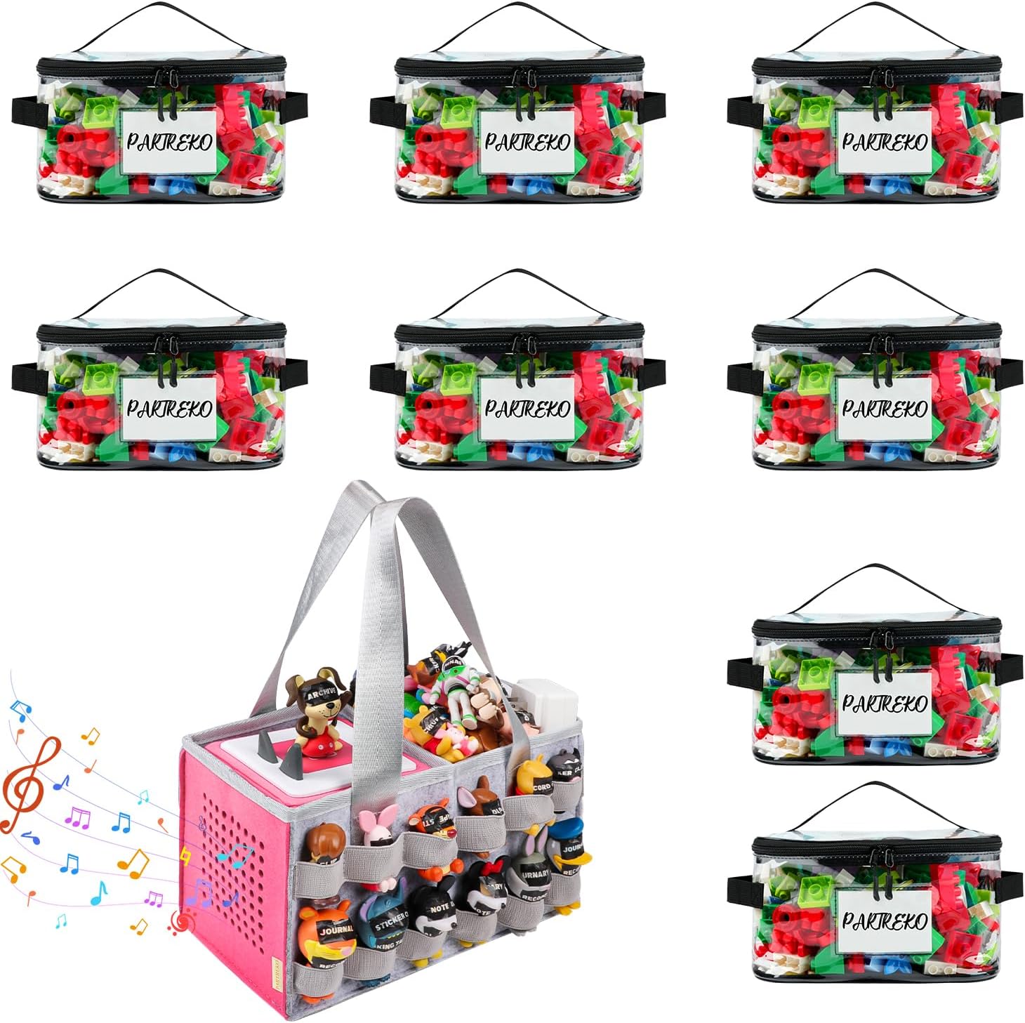 8 Pack Clear Toy Storage Bag with Name Tag& Manual Pocket & Carrying Case for Tonies Box with Audio Position, Portable Travel Storage Bag for Tonies Figures with 24 Elastic Strap Gray&Pink