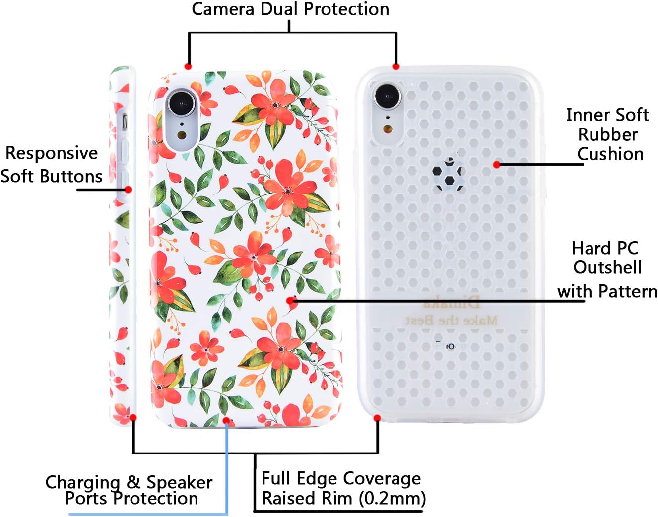 Dimaka Case for iPhone XR,Dual Layer Cute Floral Flowers Design for Girls,Hybrid Shockproof Hard PC Soft TPU High Impact Protective Case for iPhone XR(105,iPhone XR)